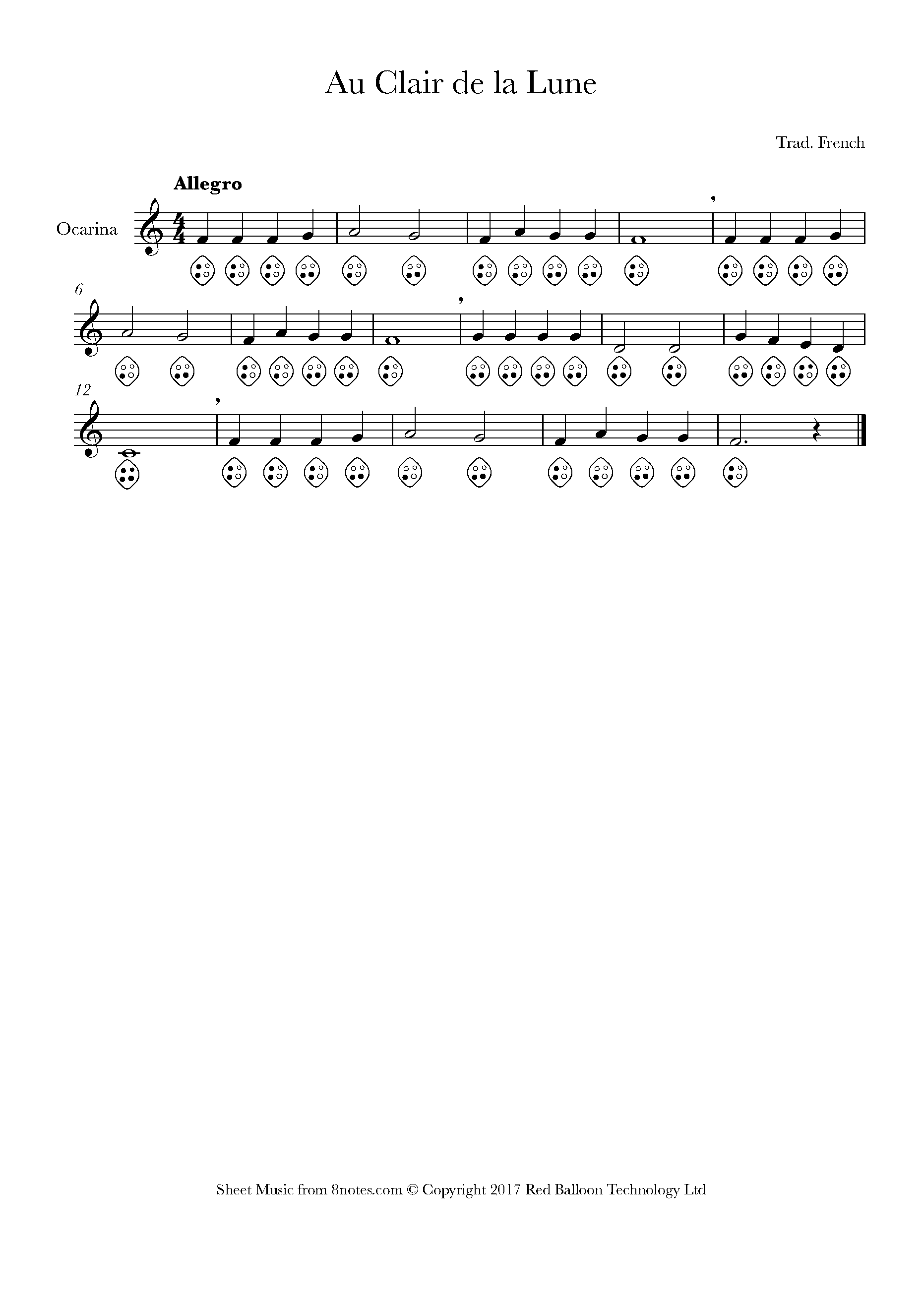 Au Claire De La Lune Sheet Music For Ocarina Four Hole 8notes Com