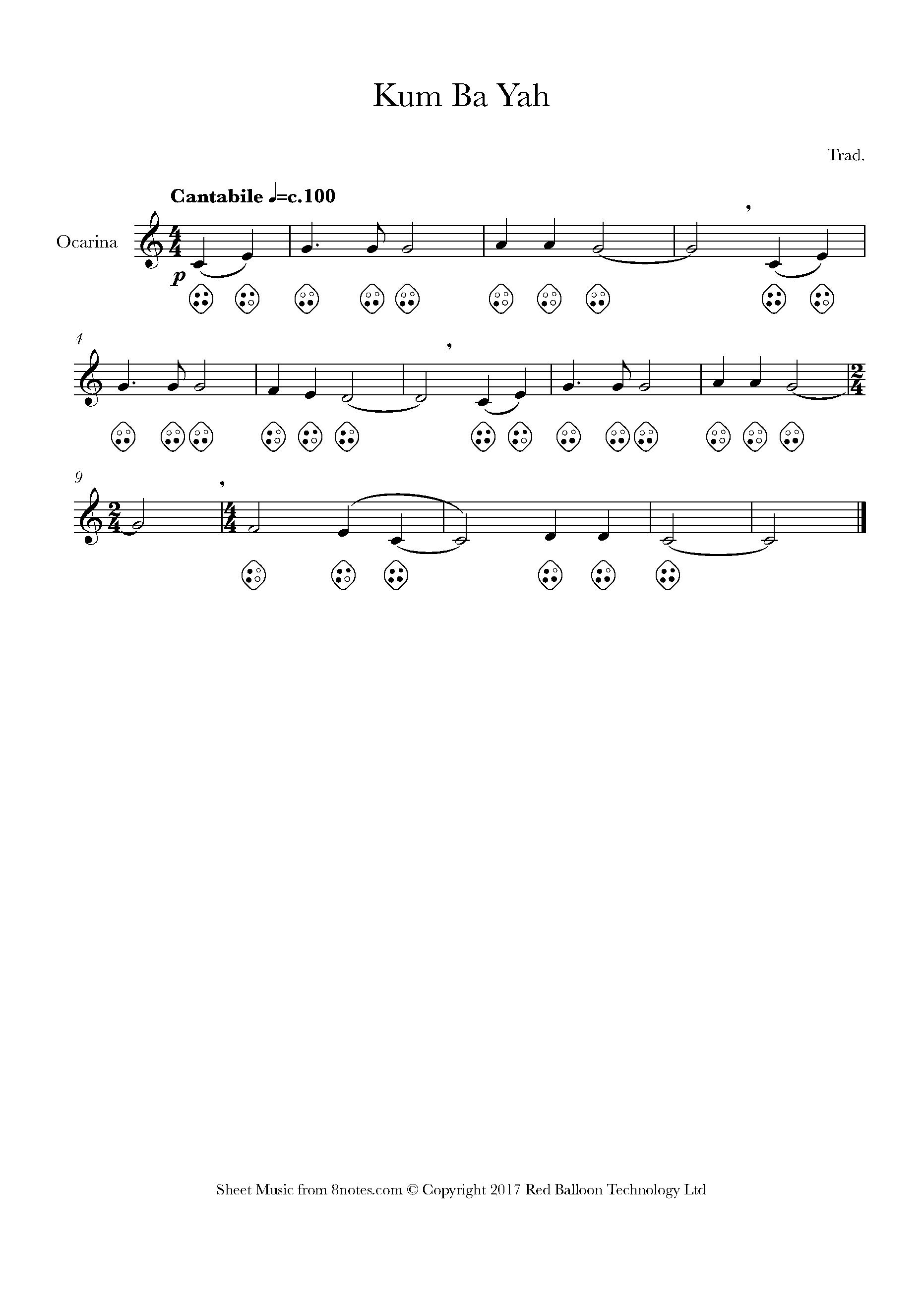 Kum Ba Yah Sheet music for Ocarina Four Hole