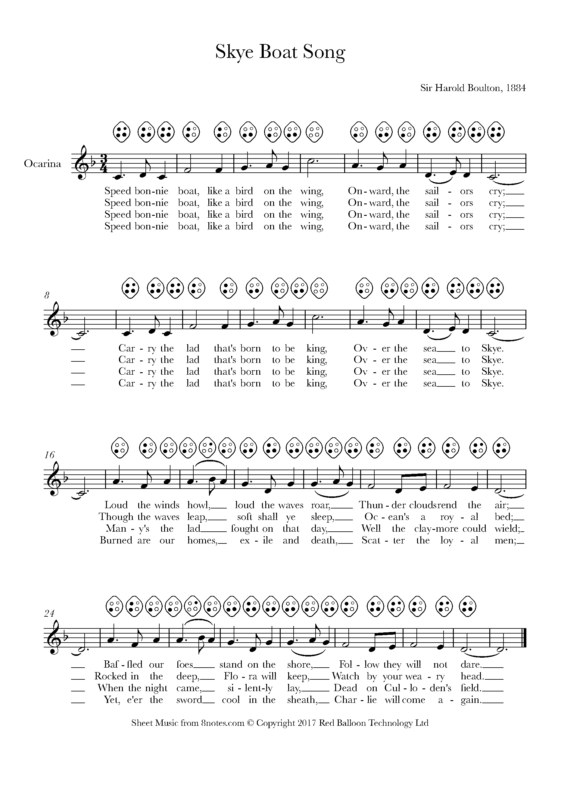 Skye Boat Song Sheet Music For Ocarina Four Hole 8notes Com