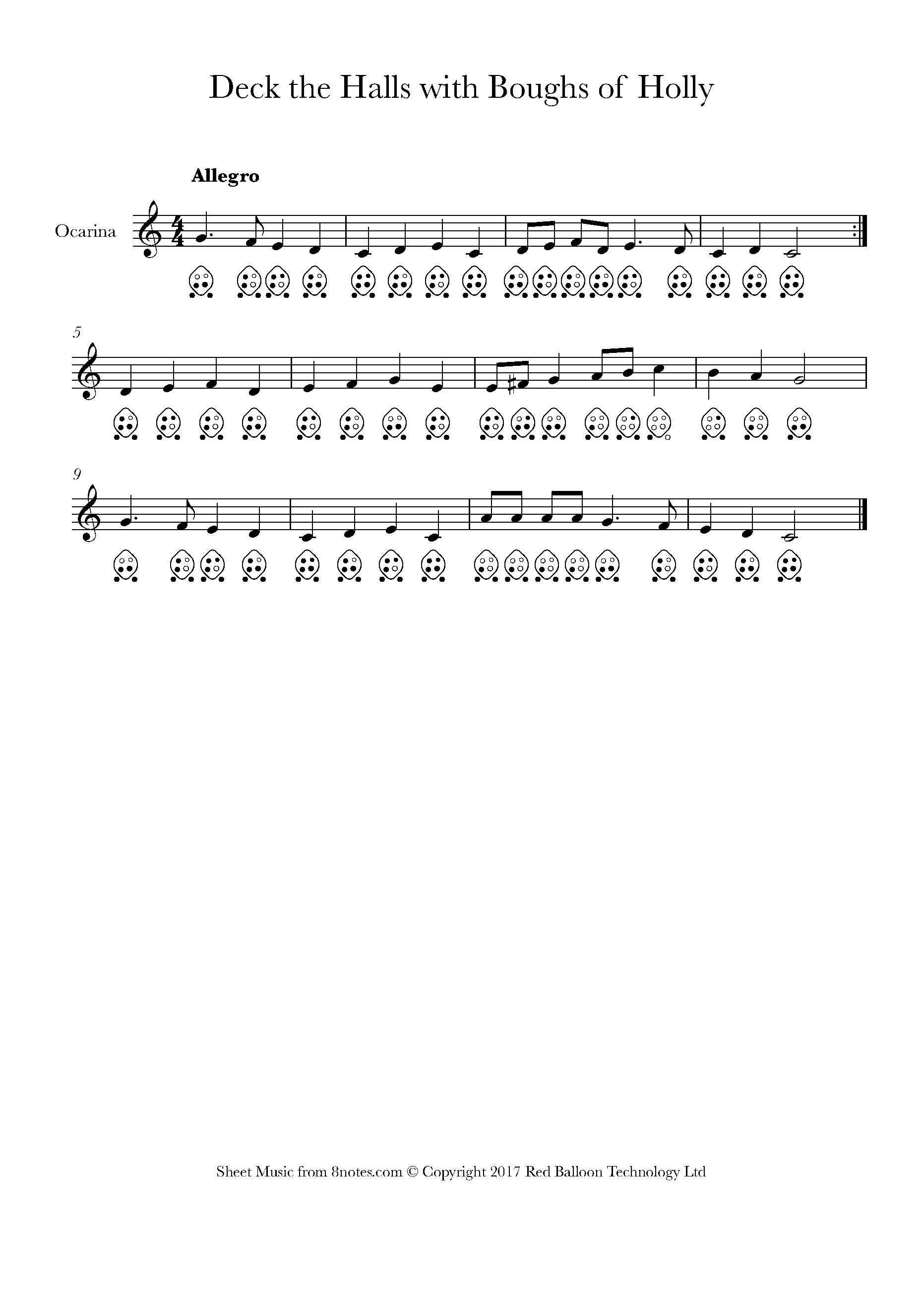 Deck the Halls with Boughs of Holly Sheet music for Ocarina Six Hole