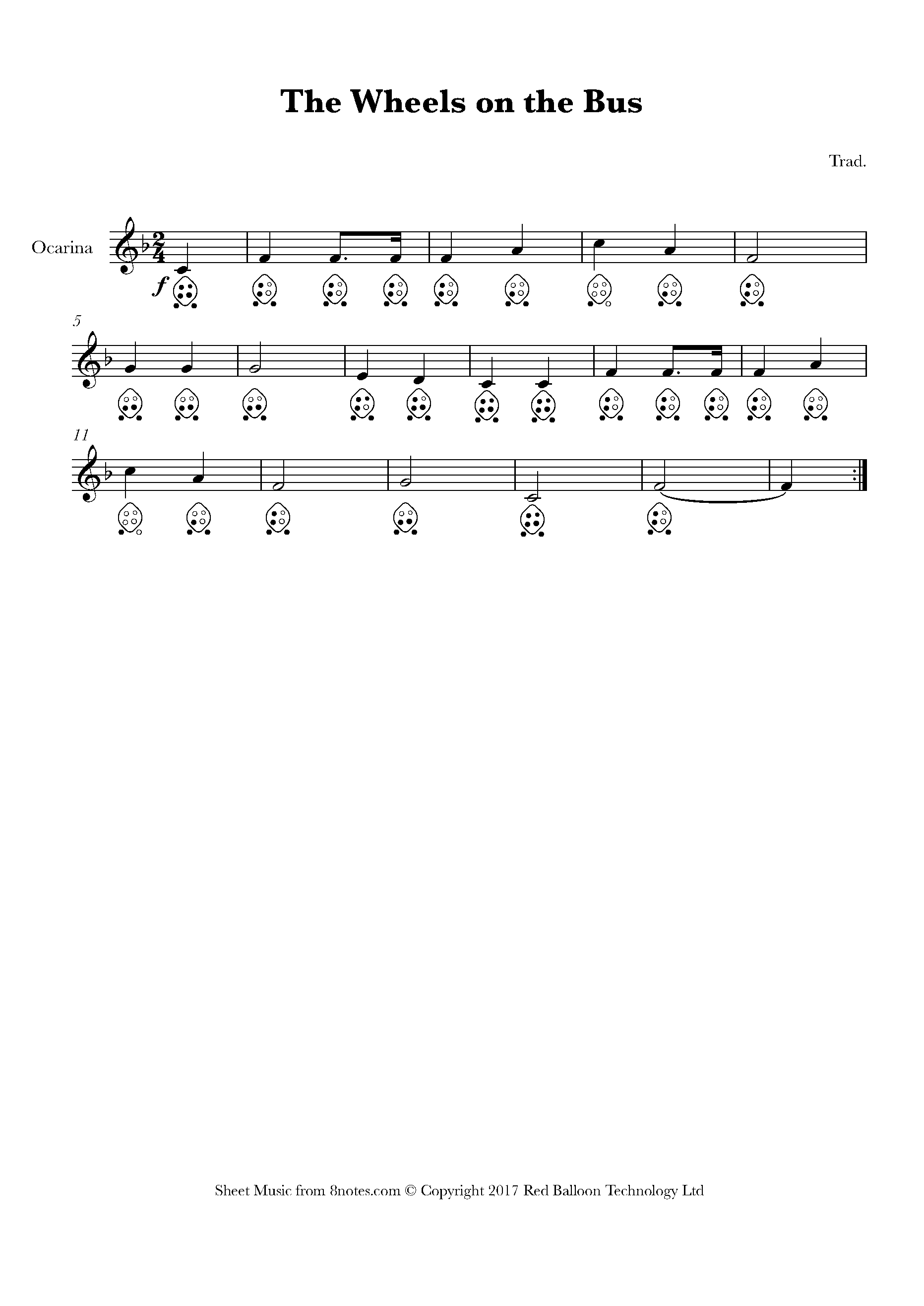 The Wheels on the Bus Sheet music for Ocarina Six Hole