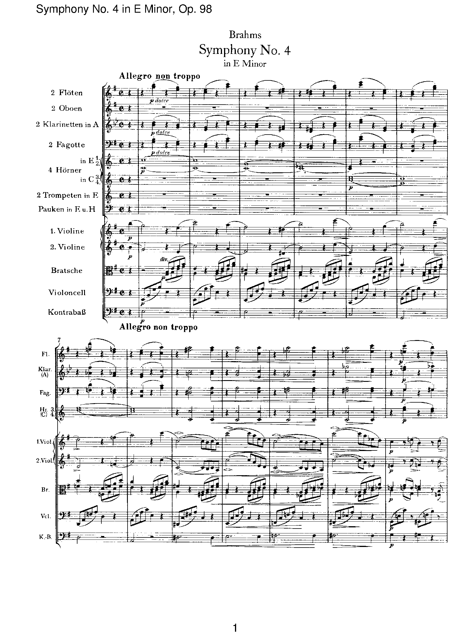 Brahms Symphony No. 4 in E Minor, Op. 98 I. Allegro non troppo Sheet