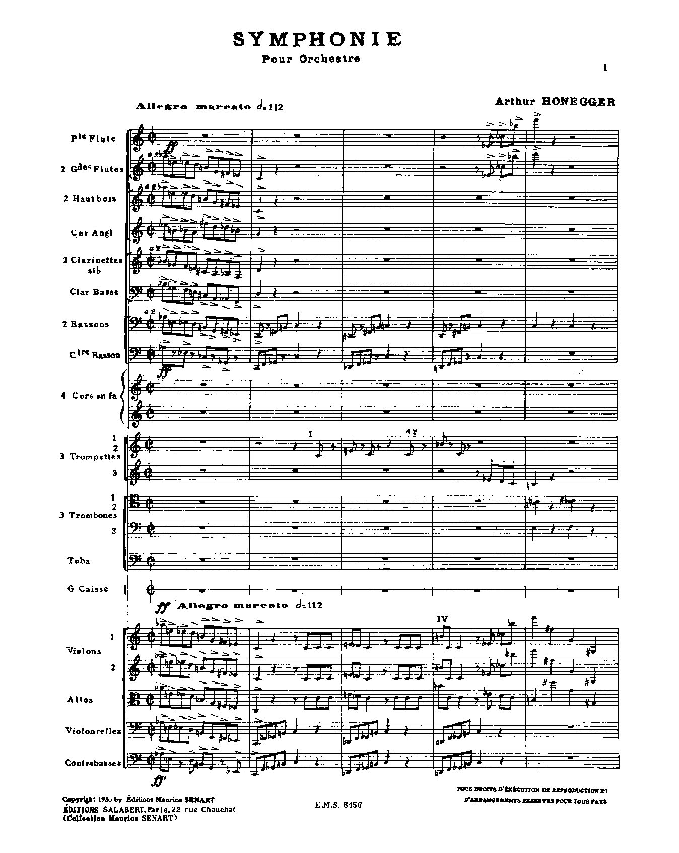 Symphony No.1, H.75 by Arthur Honegger Sheet Music arranged by 8notes.com for Orchestra - 1 of 112 pages