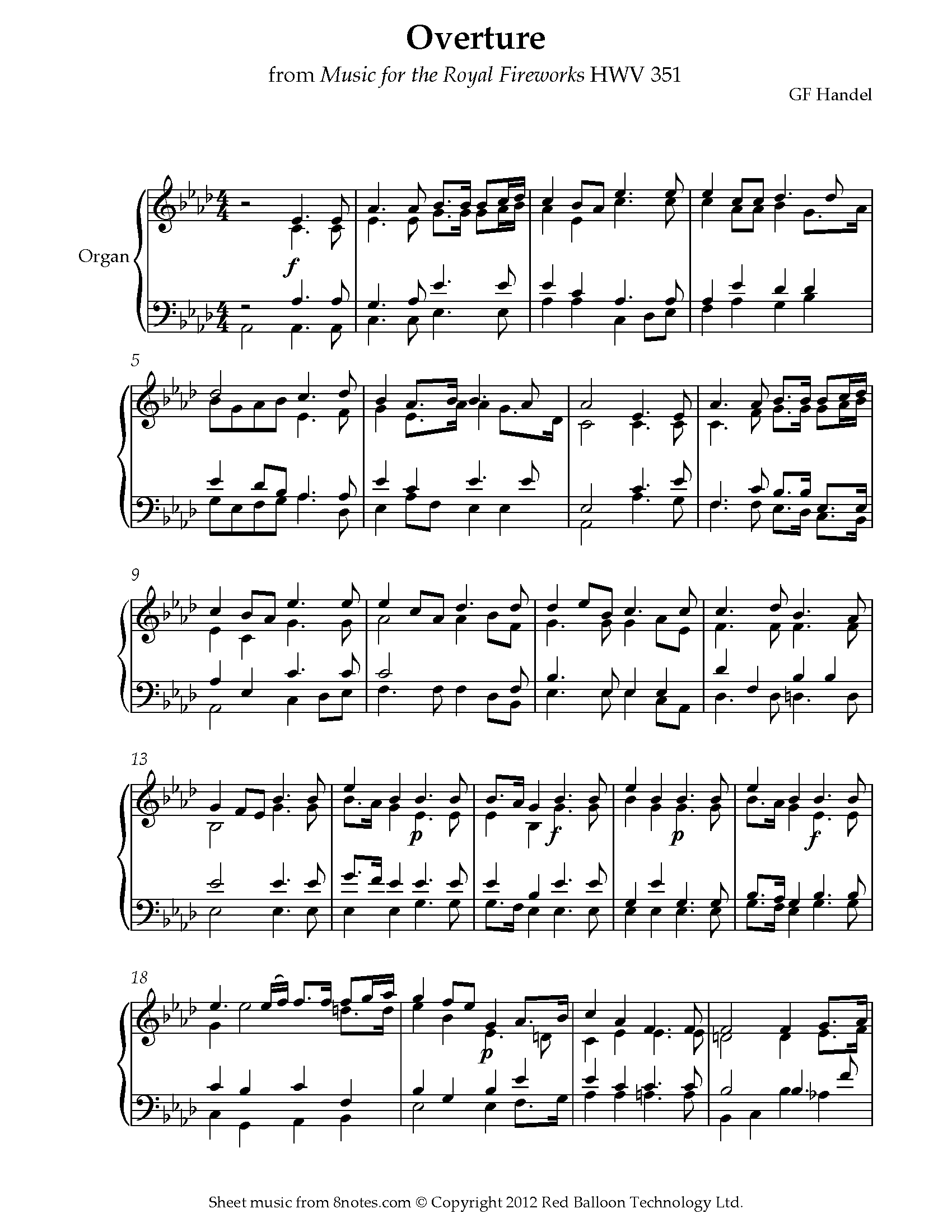 Handel Overture from Music for the Royal Fireworks HWV 351 Sheet music for Organ