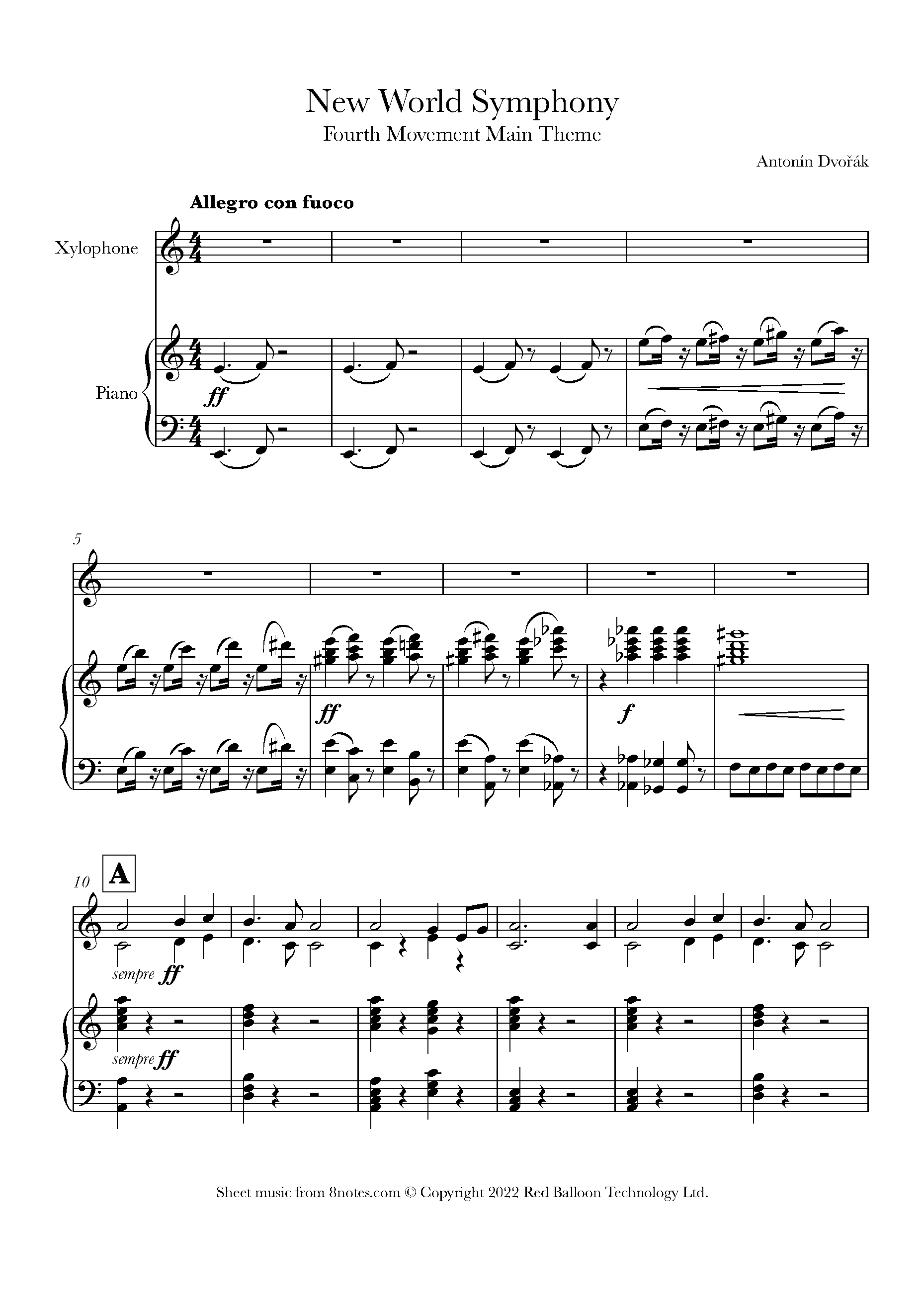 Dvořák New World Symphony 4th Movement Main Theme Sheet music for