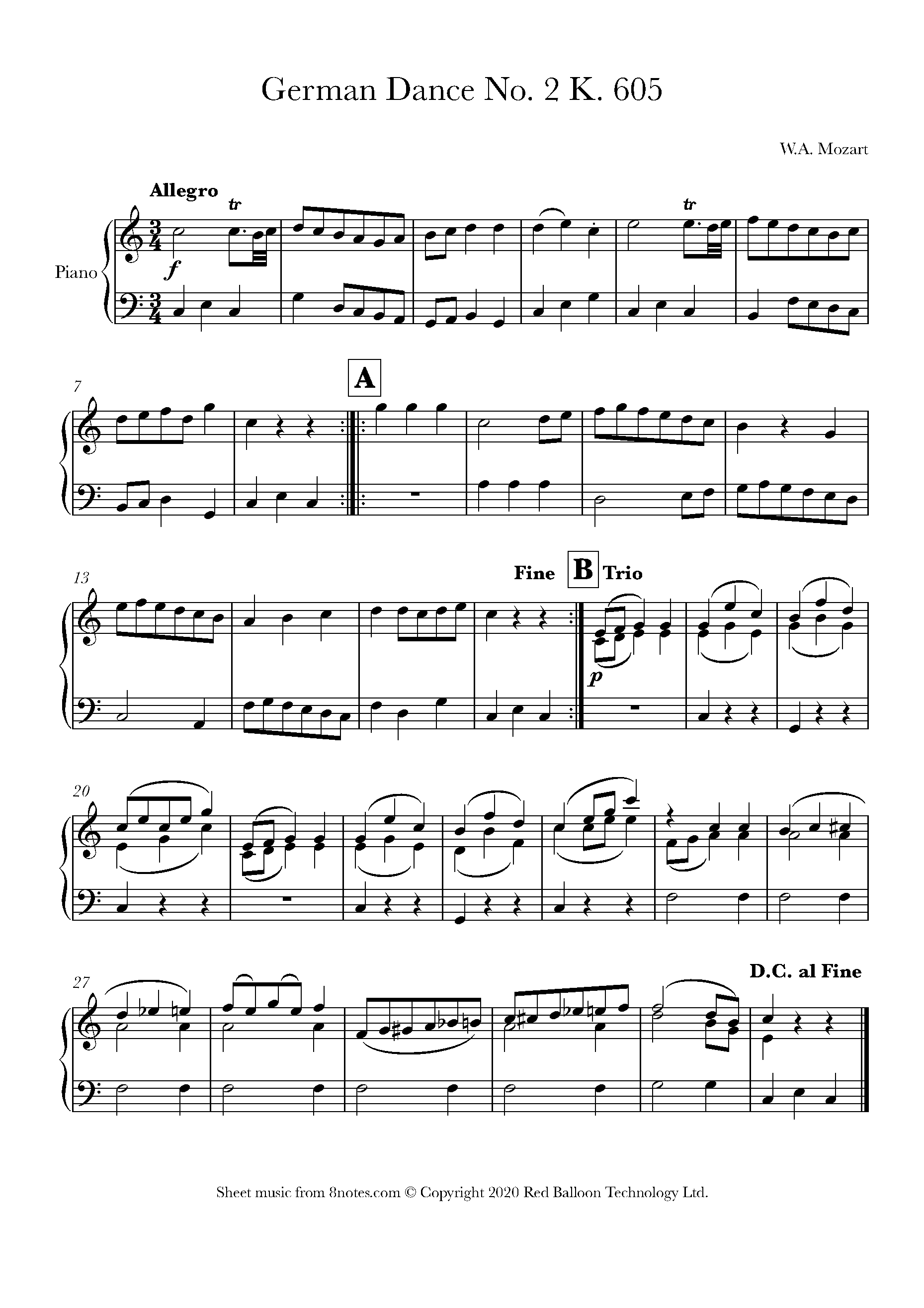Mozart German Dance No. 2 K. 605 Sheet music for Piano