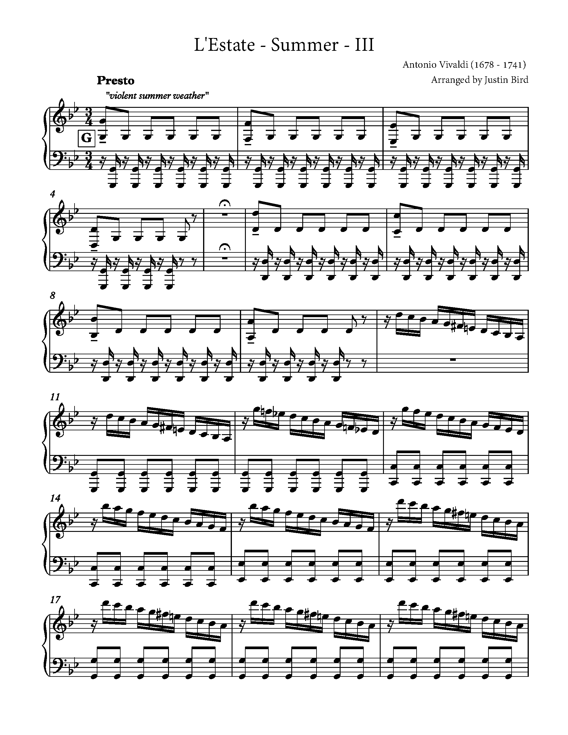 The Four Seasons Summer, 3rd Movement by Antonio Vivaldi Sheet Music arranged by 8notes.com for Piano - 1 of 8 pages