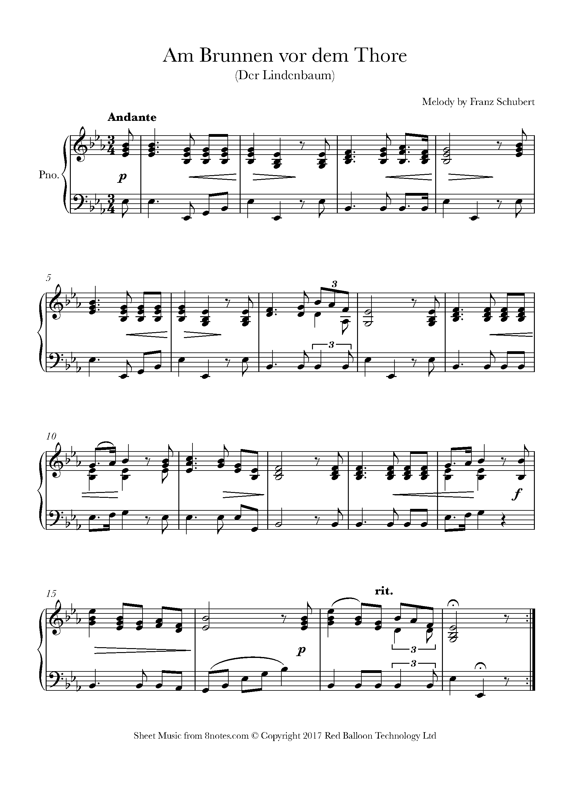 Schubert Am Brunnen vor dem Tore (Der Lindenbaum) Sheet music for Piano
