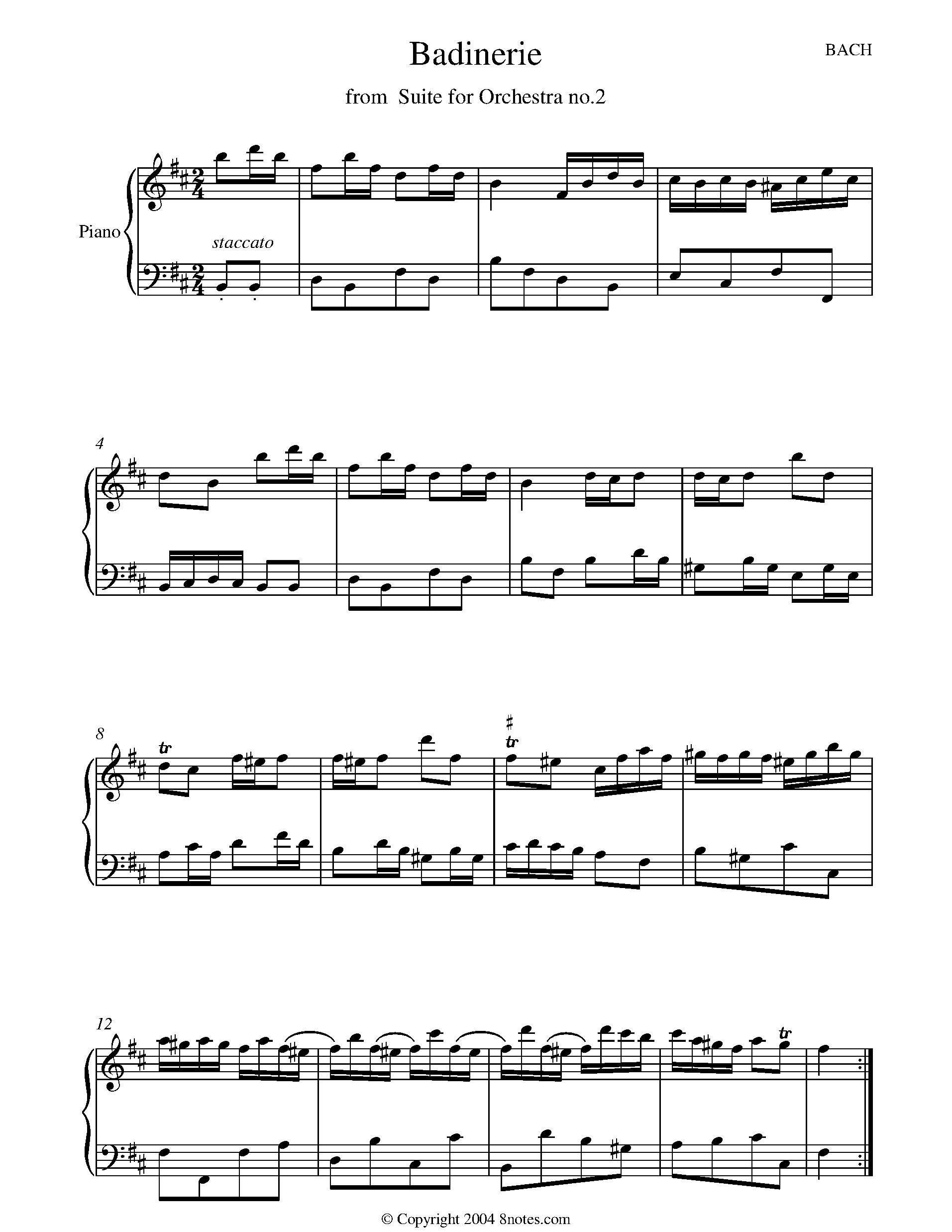 Bach Badinerie from French Suite No.2 Sheet music for Piano