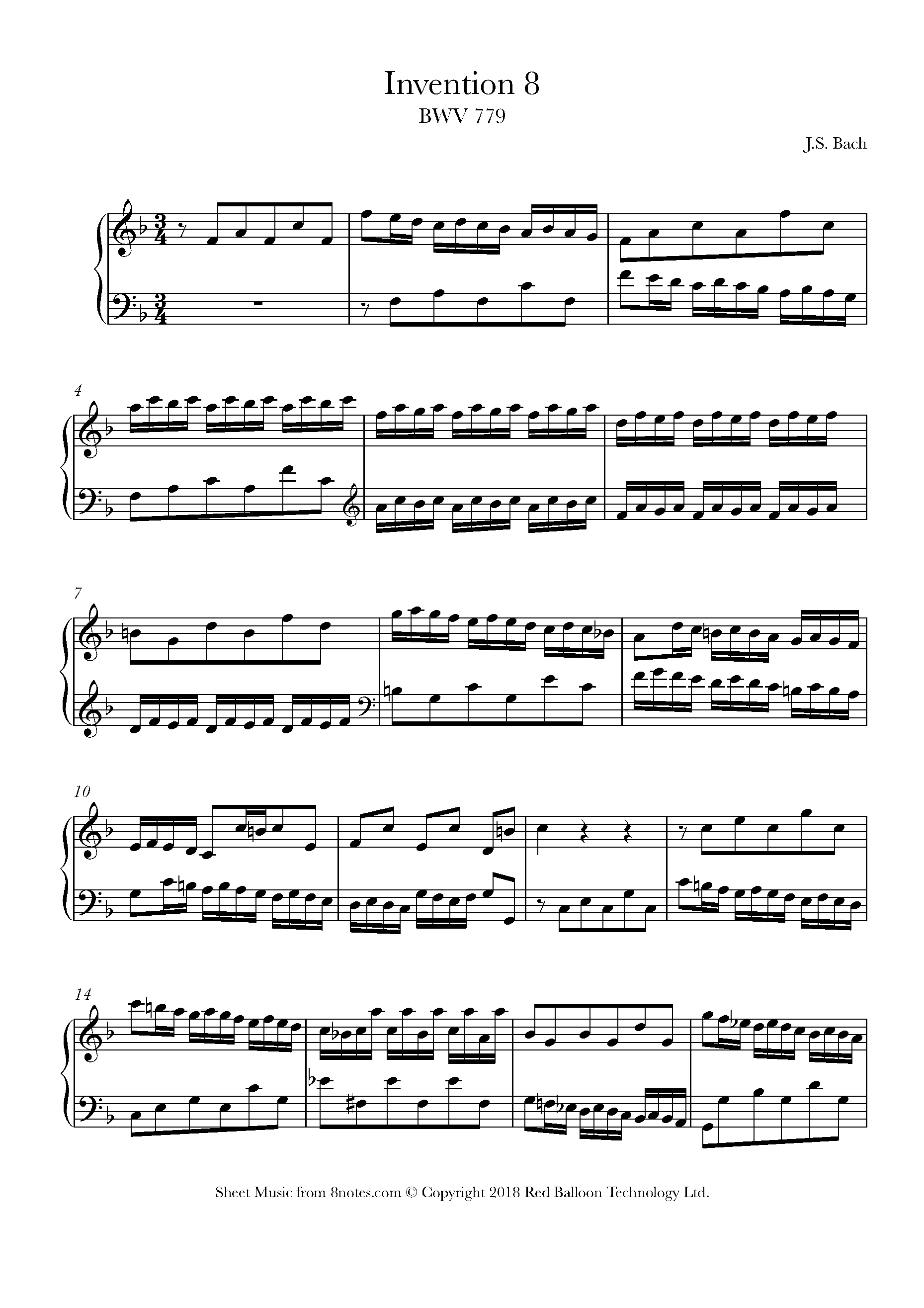 Bach - Invention No. 8 in F Major BWV 779 Sheet music for Piano