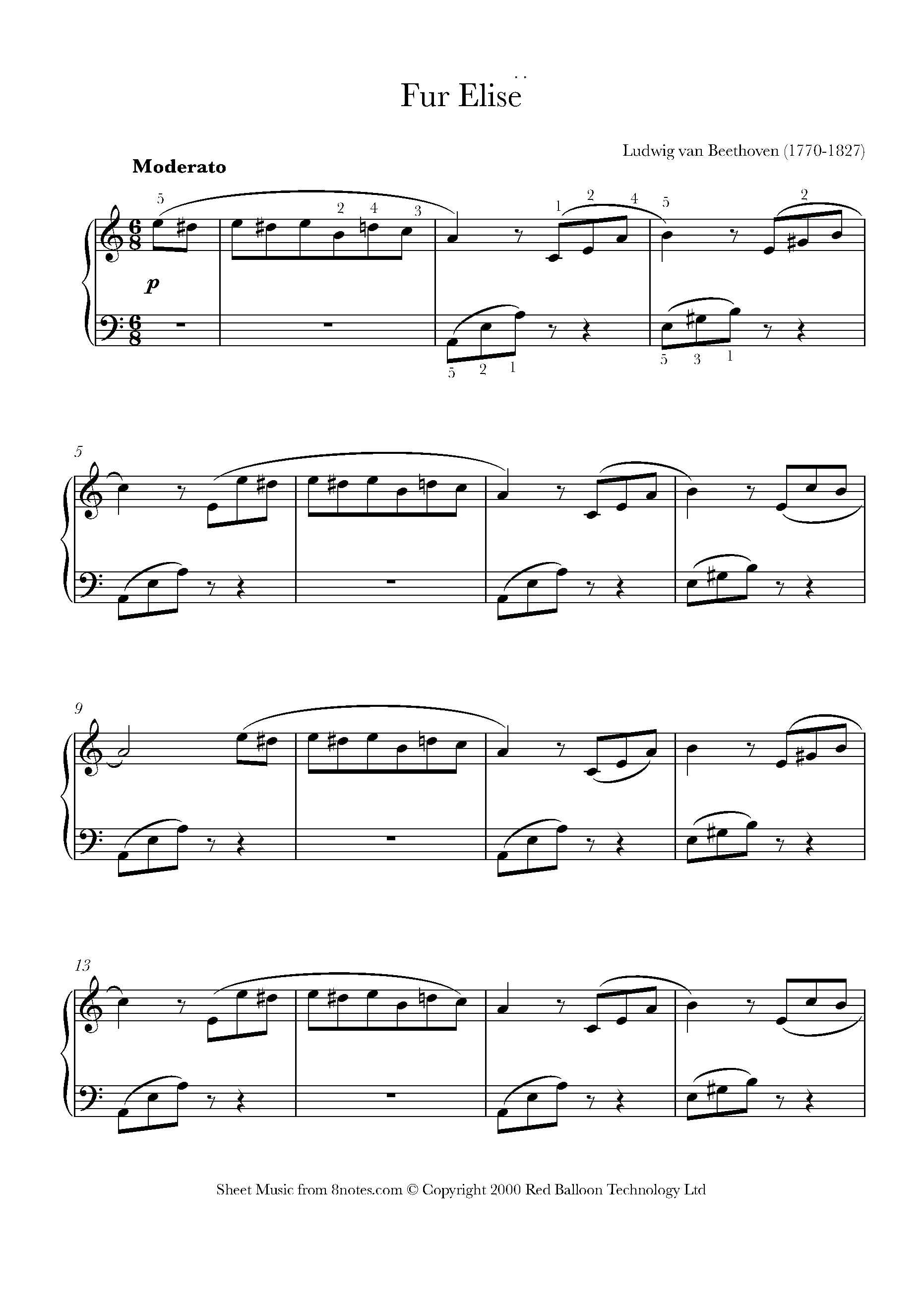 Beethoven Fur Elise Sheet Music For Piano 8notes