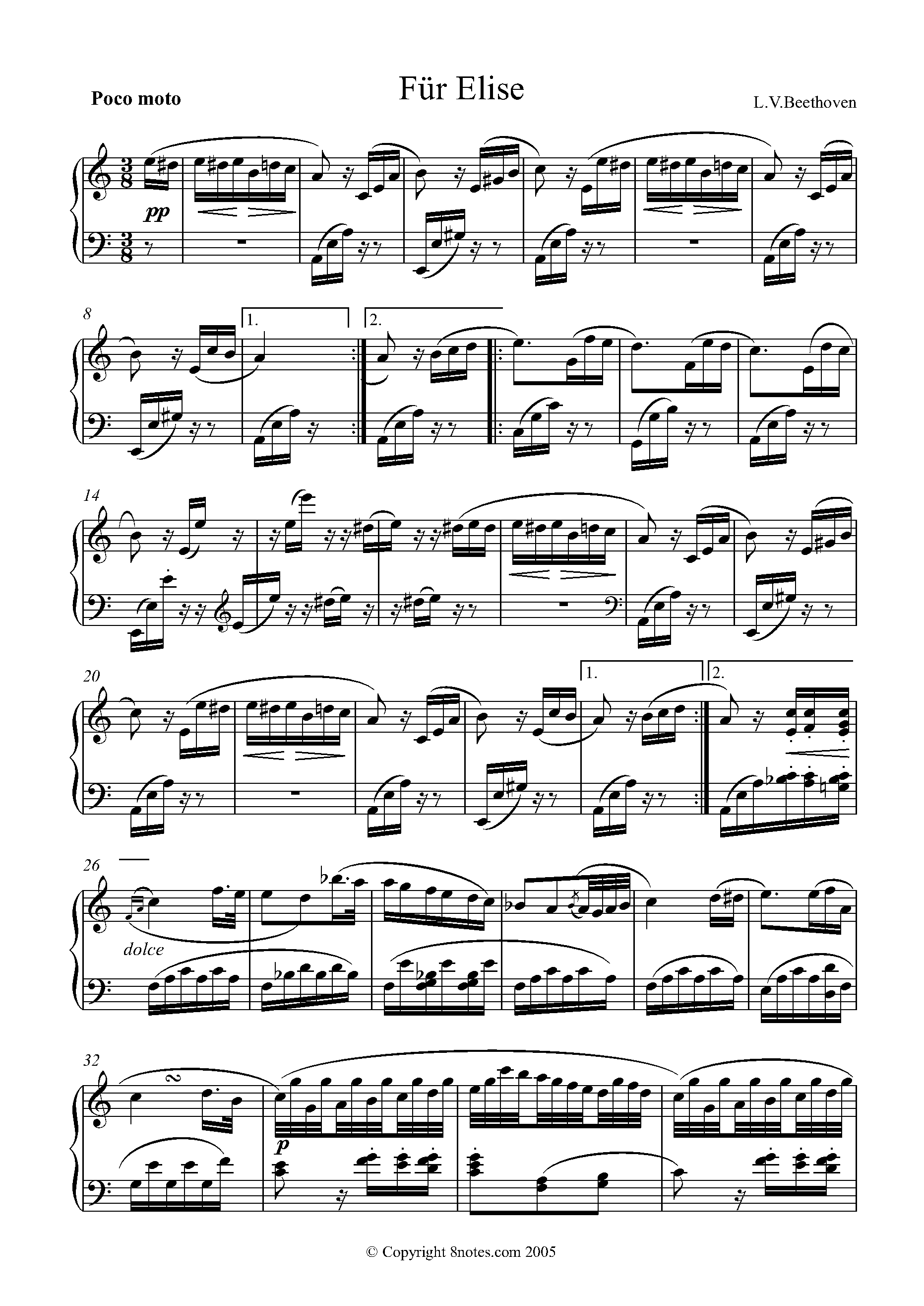 Beethoven Fur Elise Original Sheet Music For Piano 8notes Com