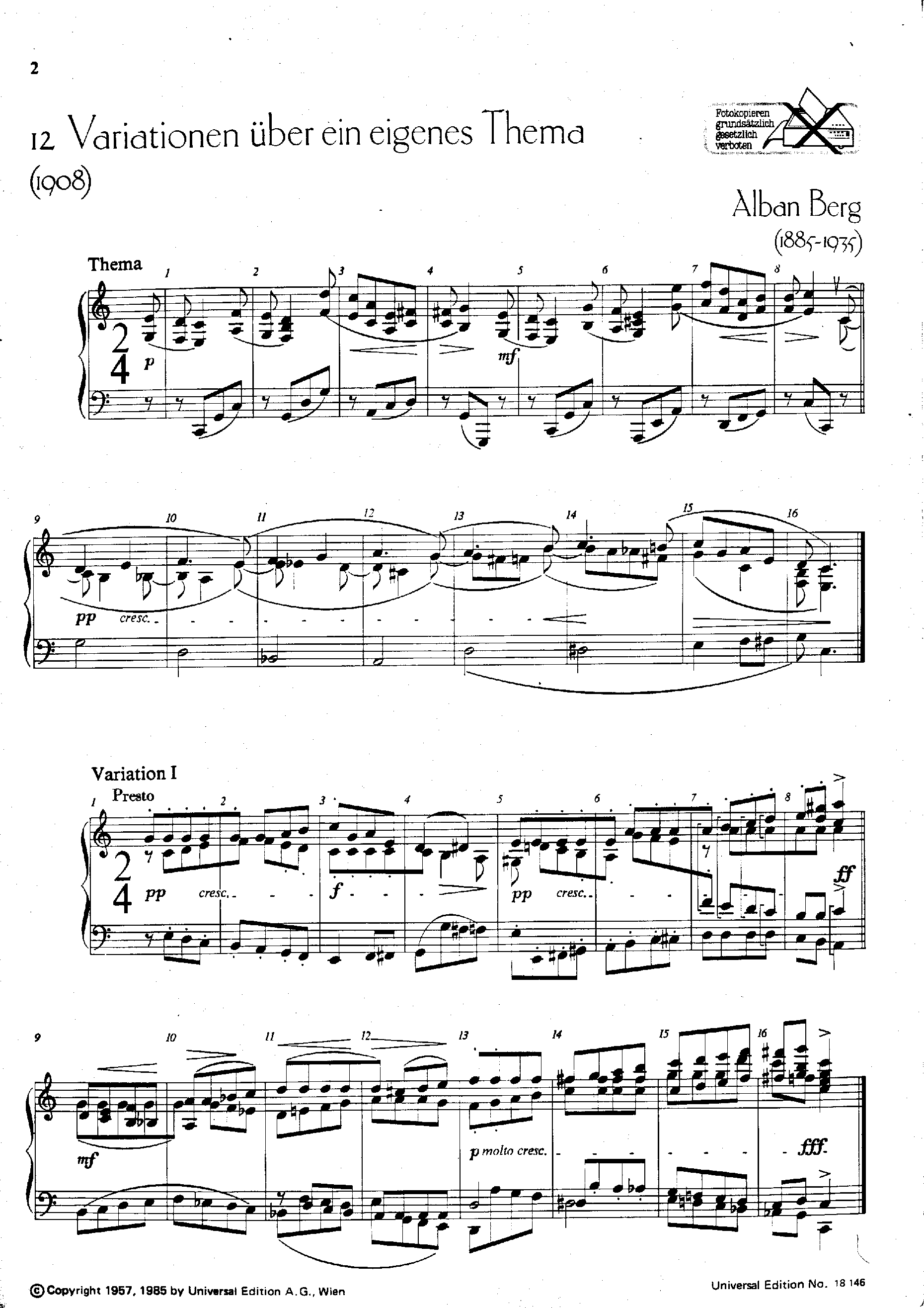 12 Variationen uber ein eigenes Thema by Alban Berg Sheet Music arranged by 8notes.com for Piano - 1 of 15 pages