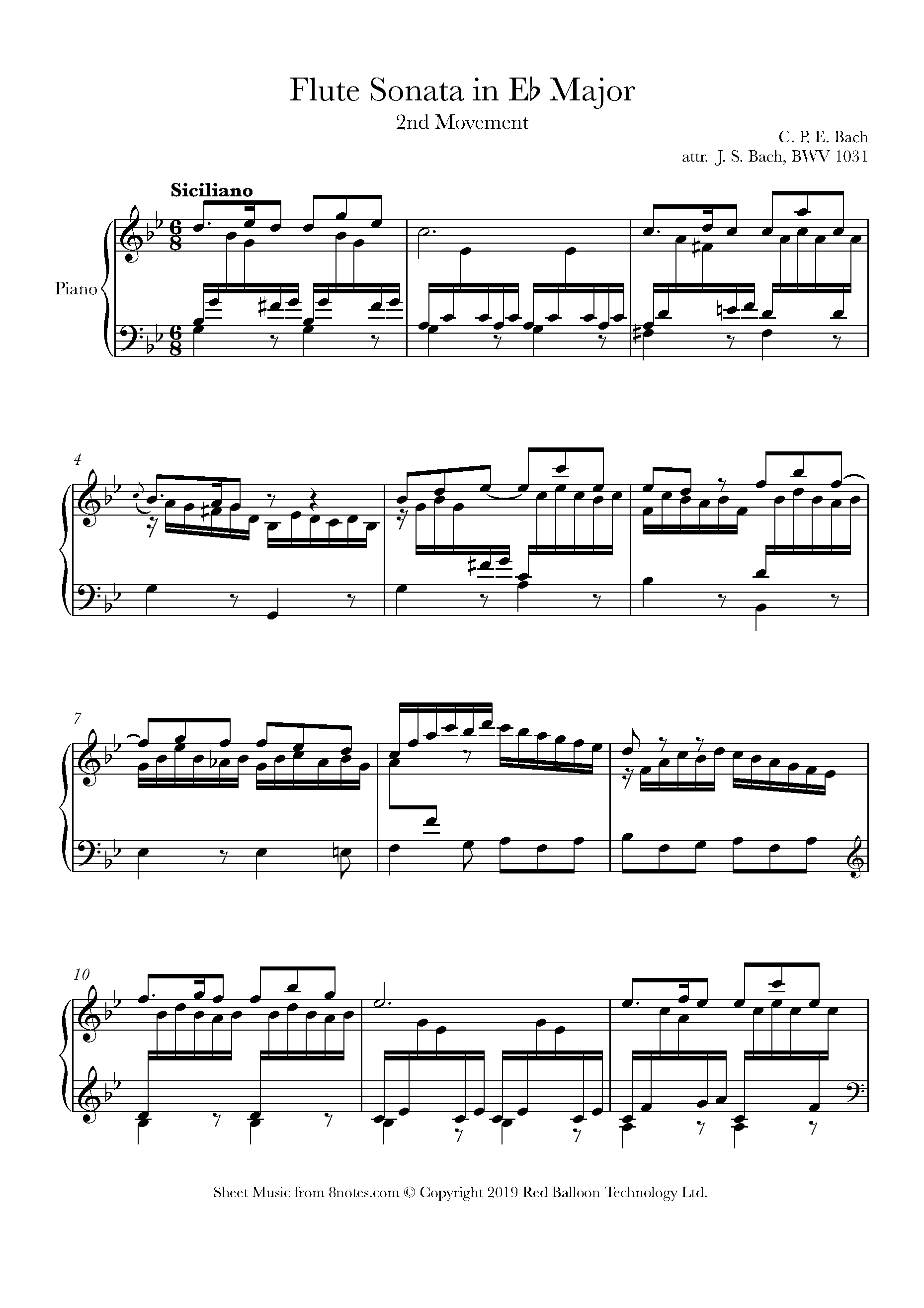 Bach Flute Sonata in Eb Major, BWV 1031, Second Movement Sheet music