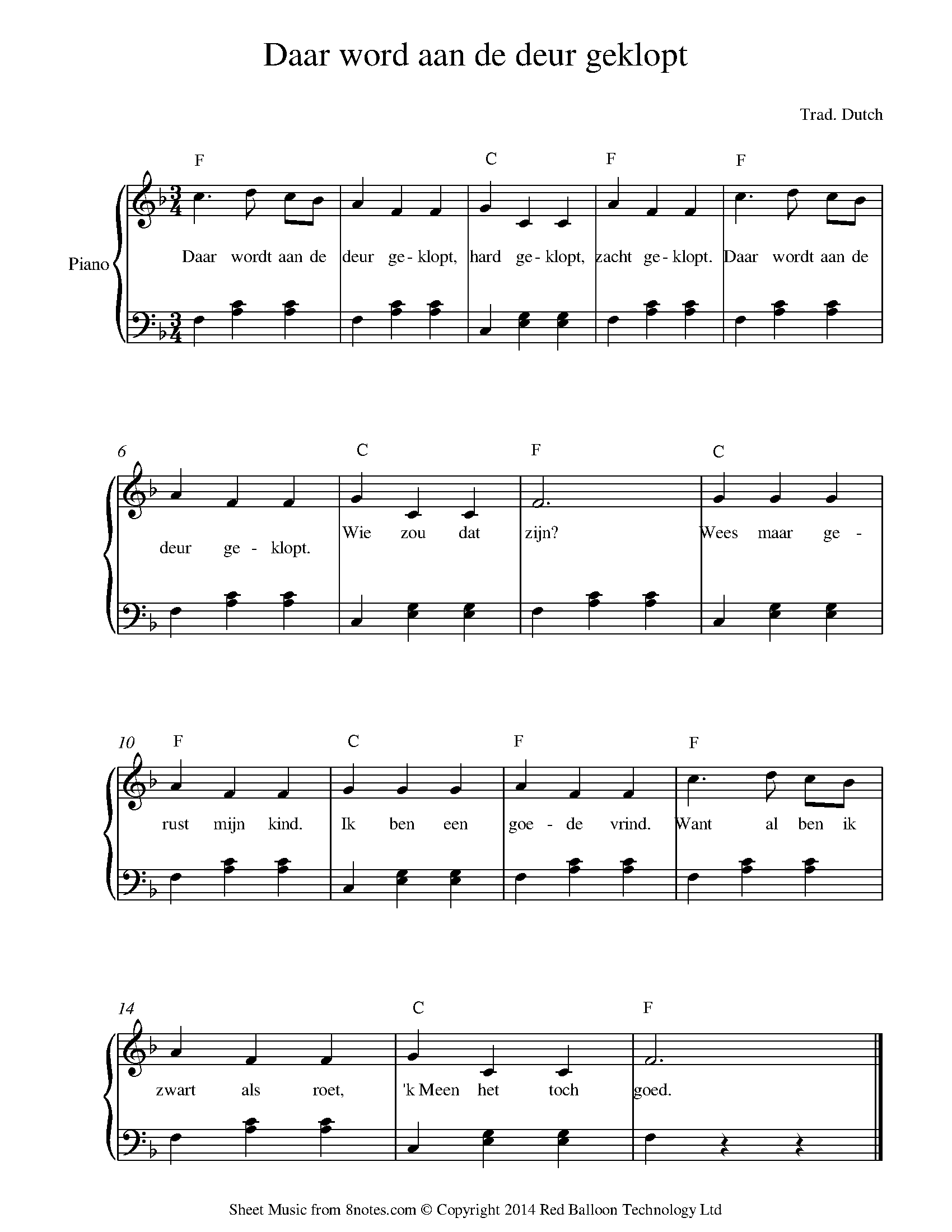 Daar wordt aan de deur geklopt (Traditional Dutch) Sheet music for Piano