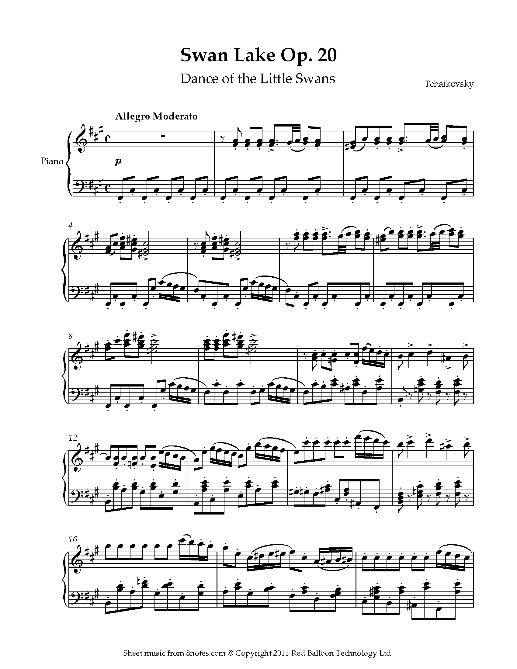 Tchaikovsky Dance of the Little Swans from Swan Lake Op. 20 Sheet music for Piano