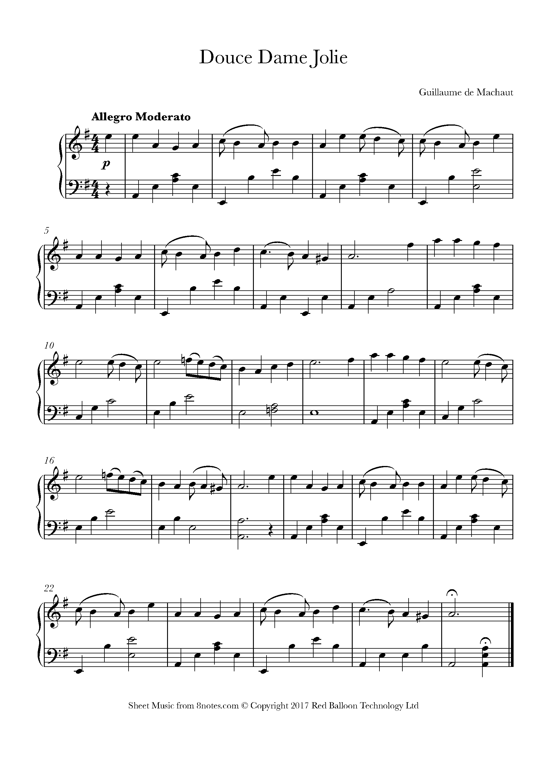 Machaut Douce Dame Jolie Sheet Music For Piano 8notes Com