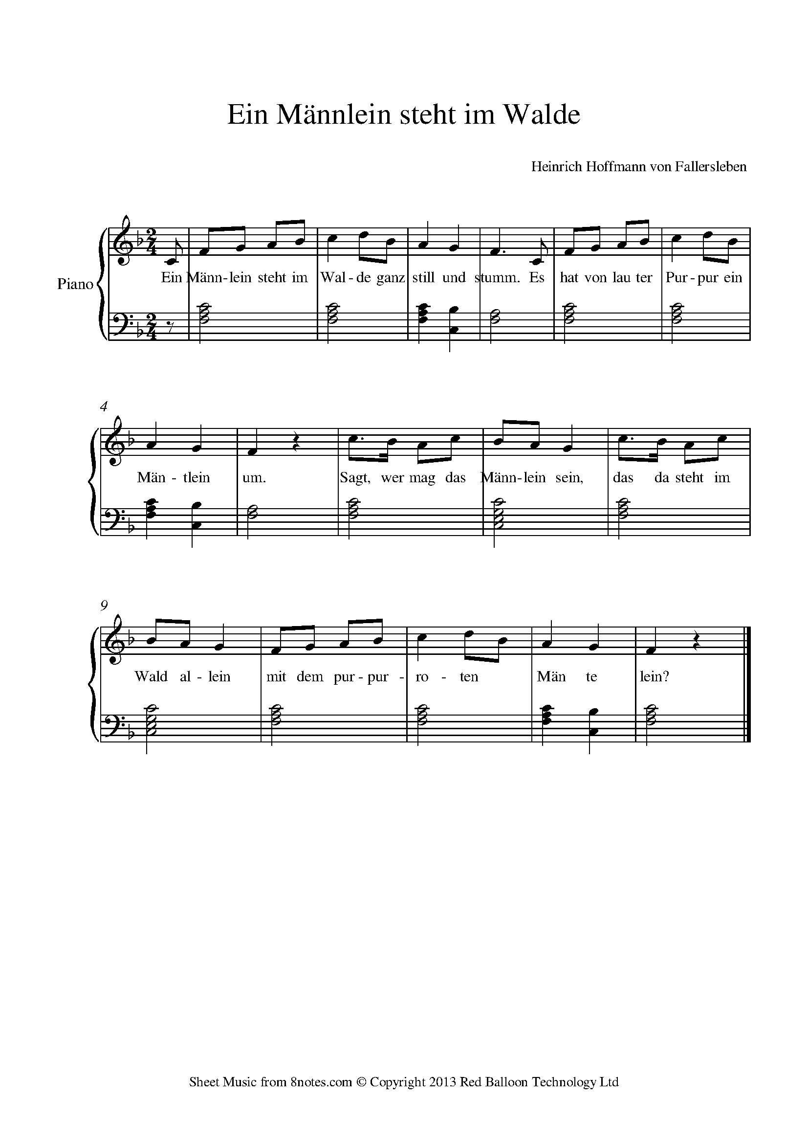 Ein Männlein Steht Im Walde Text Fallersleben - Ein Mannlein steht im Walde Sheet music for Piano