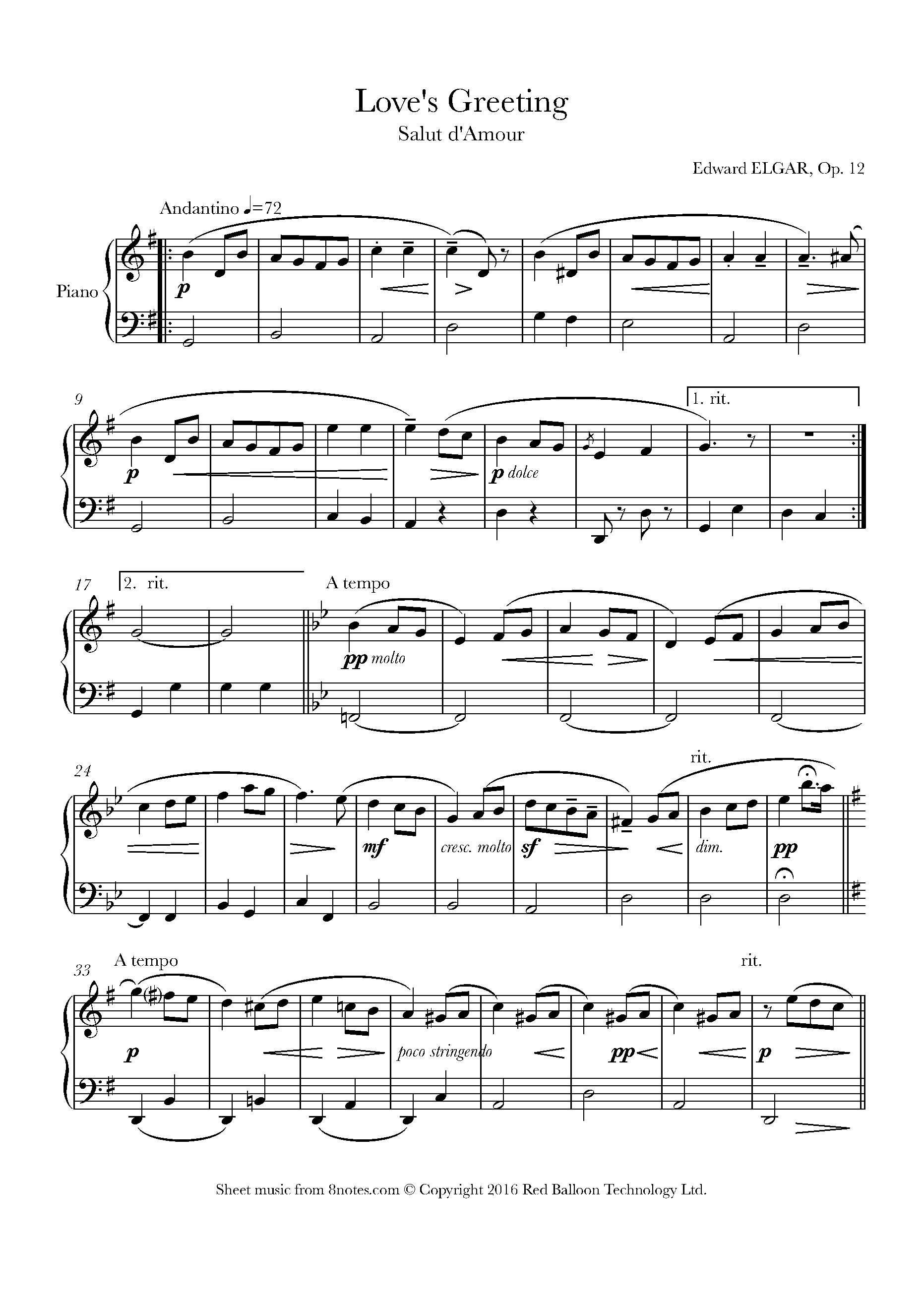 Elgar - Salut d'amour Sheet music for Piano - 8notes.com