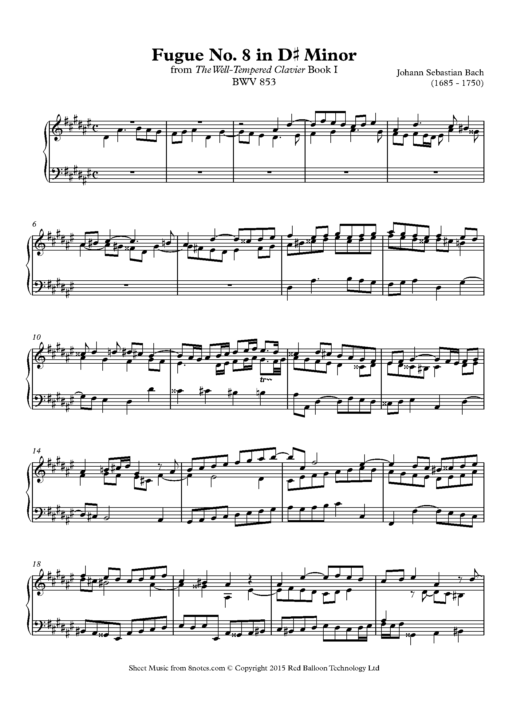 Bach Fugue No. 8 in D sharp minor from The WellTempered Clavier, Book I Sheet music for Piano