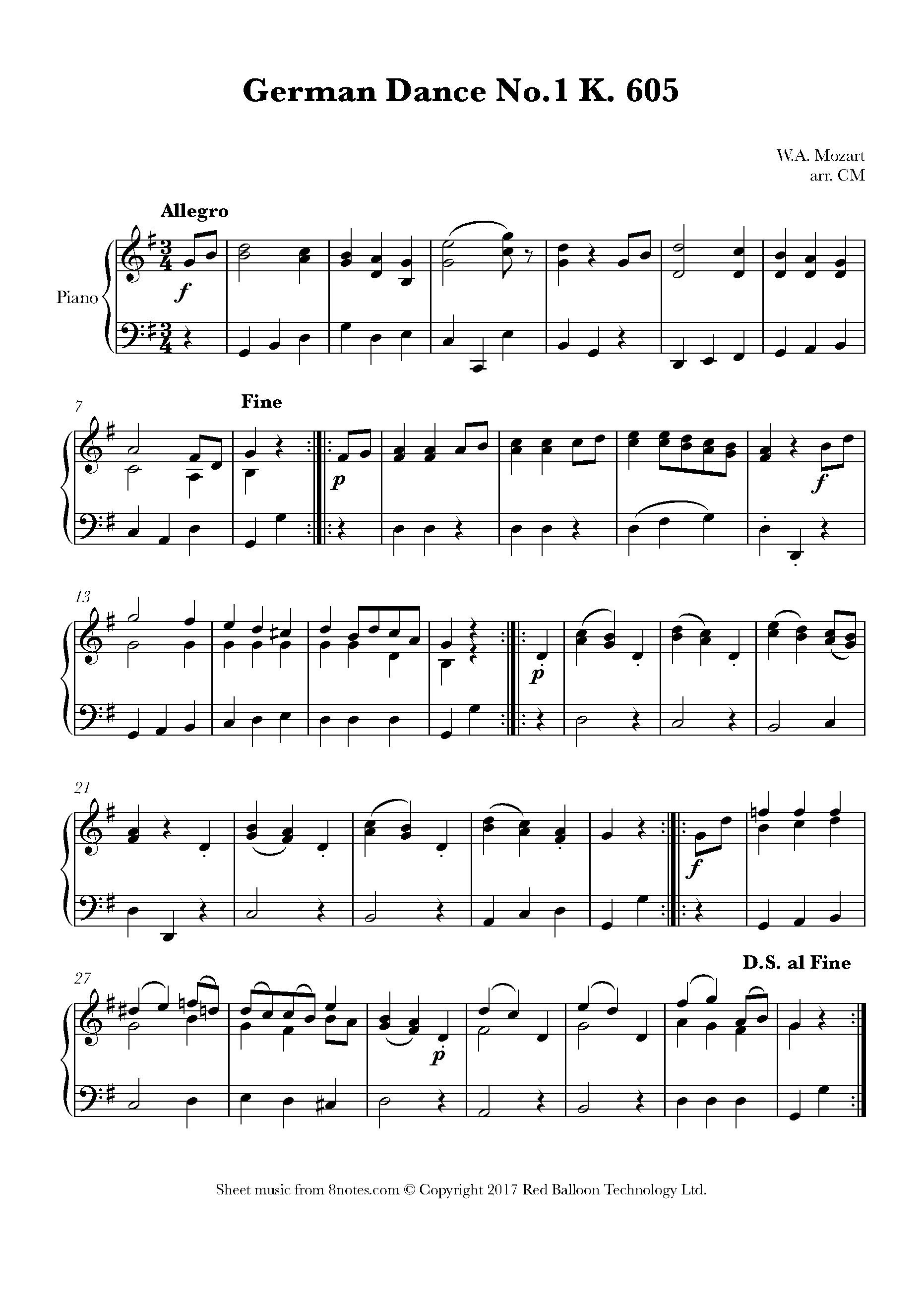 Mozart German Dance No.1 K. 605 Sheet music for Piano