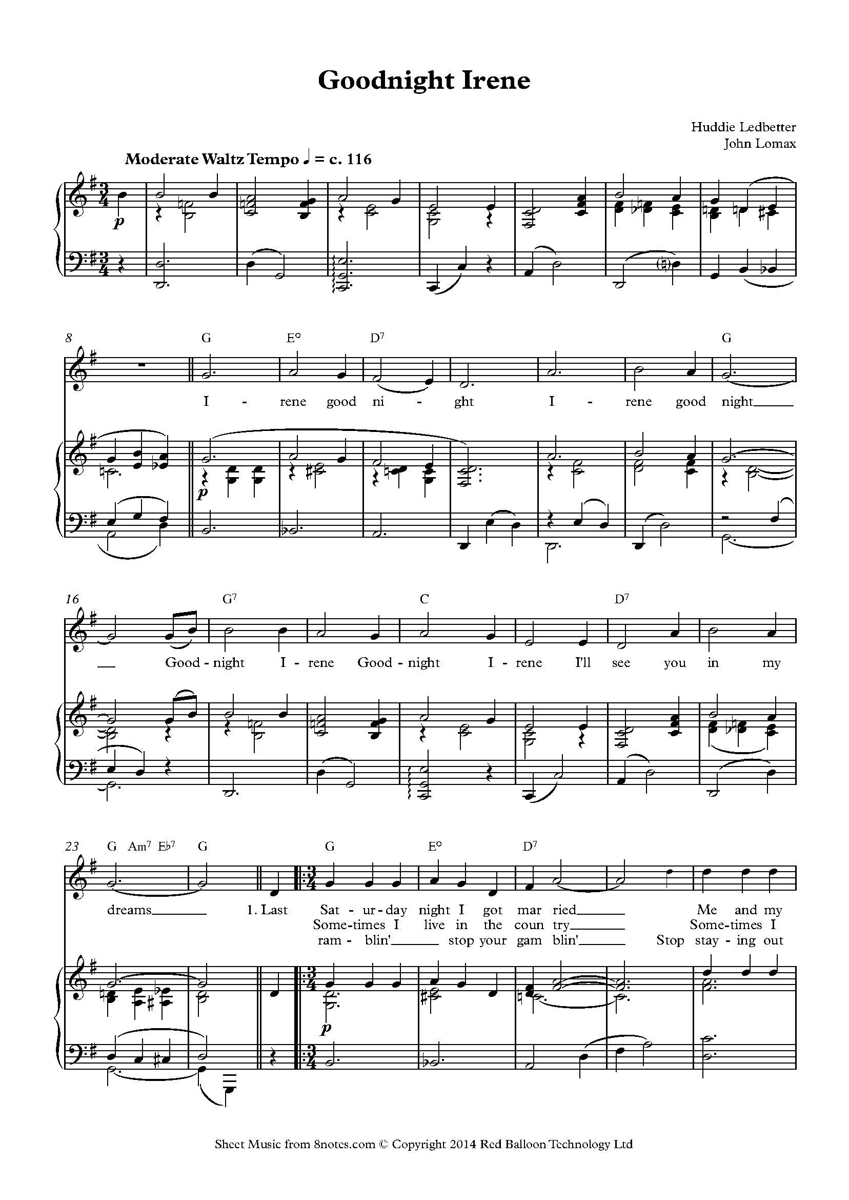 goodnight irene leadbelly piano sheet 8notes major