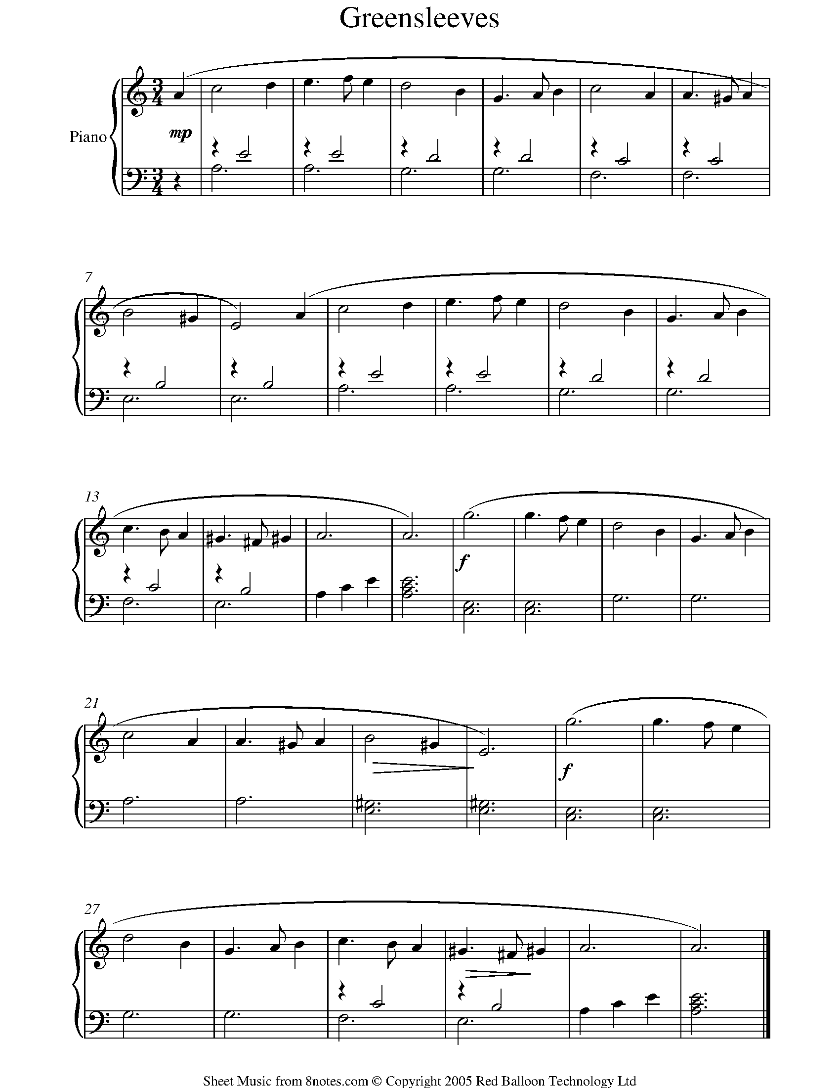 Greensleeves Sheet music for Piano - 8notes.com