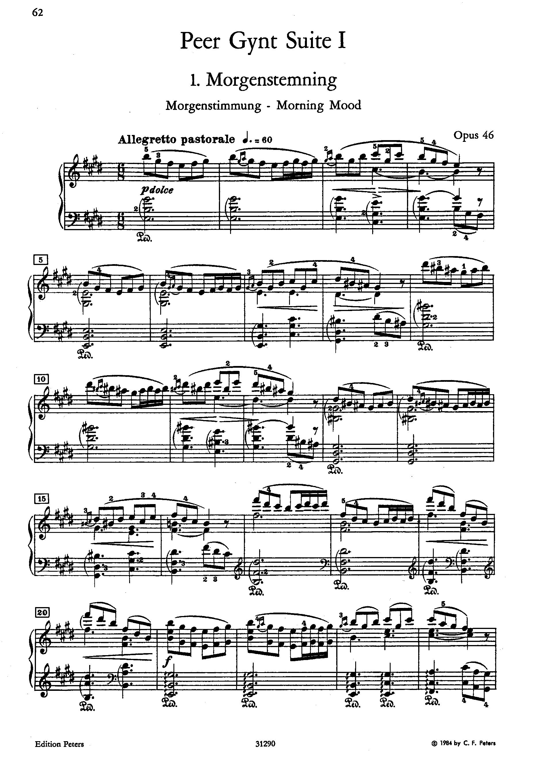 Morning from Peer Gynt (Morning Mood) by Edvard Grieg Sheet Music arranged by 8notes.com for Piano - 1 of 4 pages