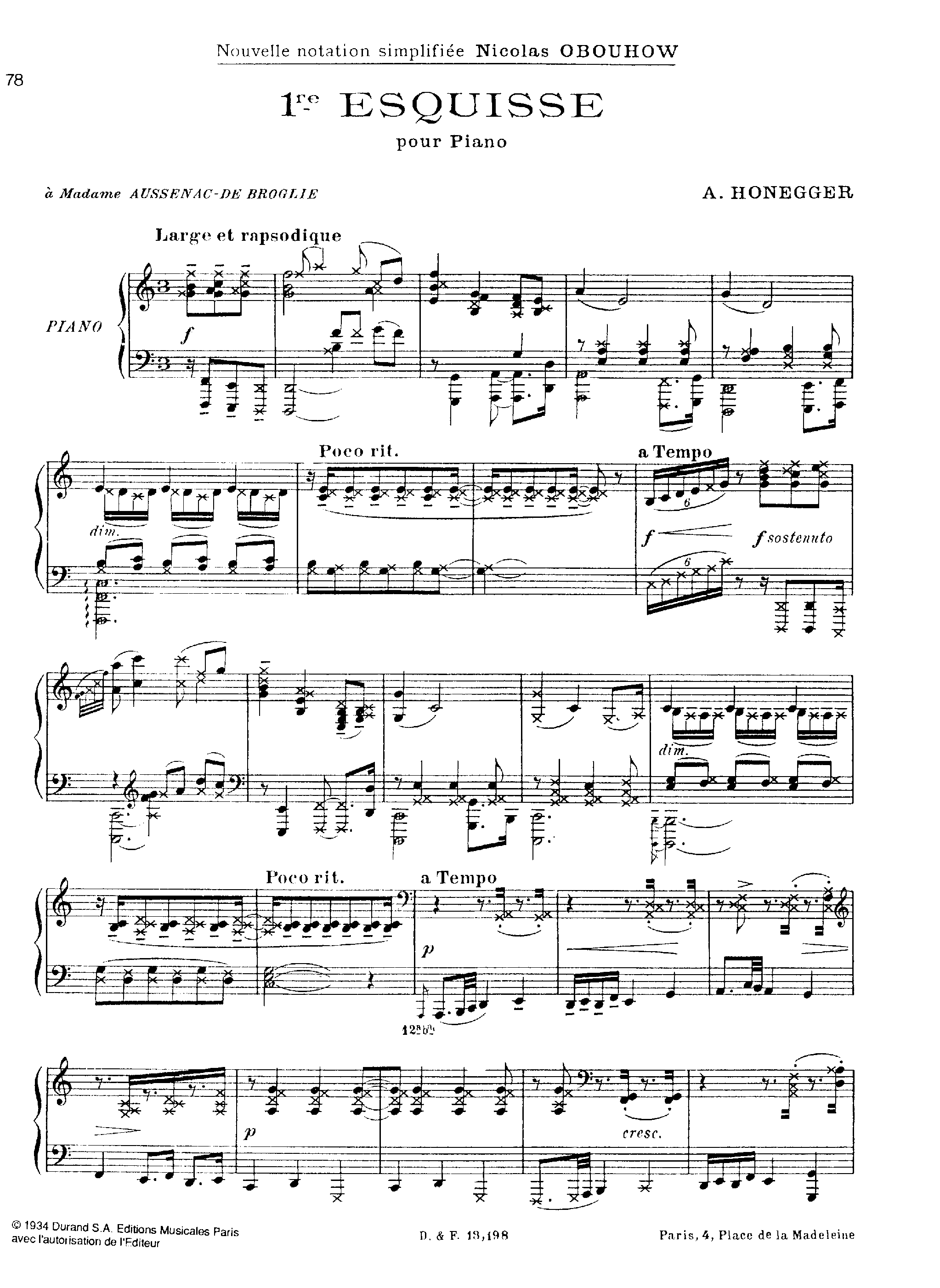 2 Esquisses, H.173 by Arthur Honegger Sheet Music arranged by 8notes.com for Piano - 1 of 6 pages
