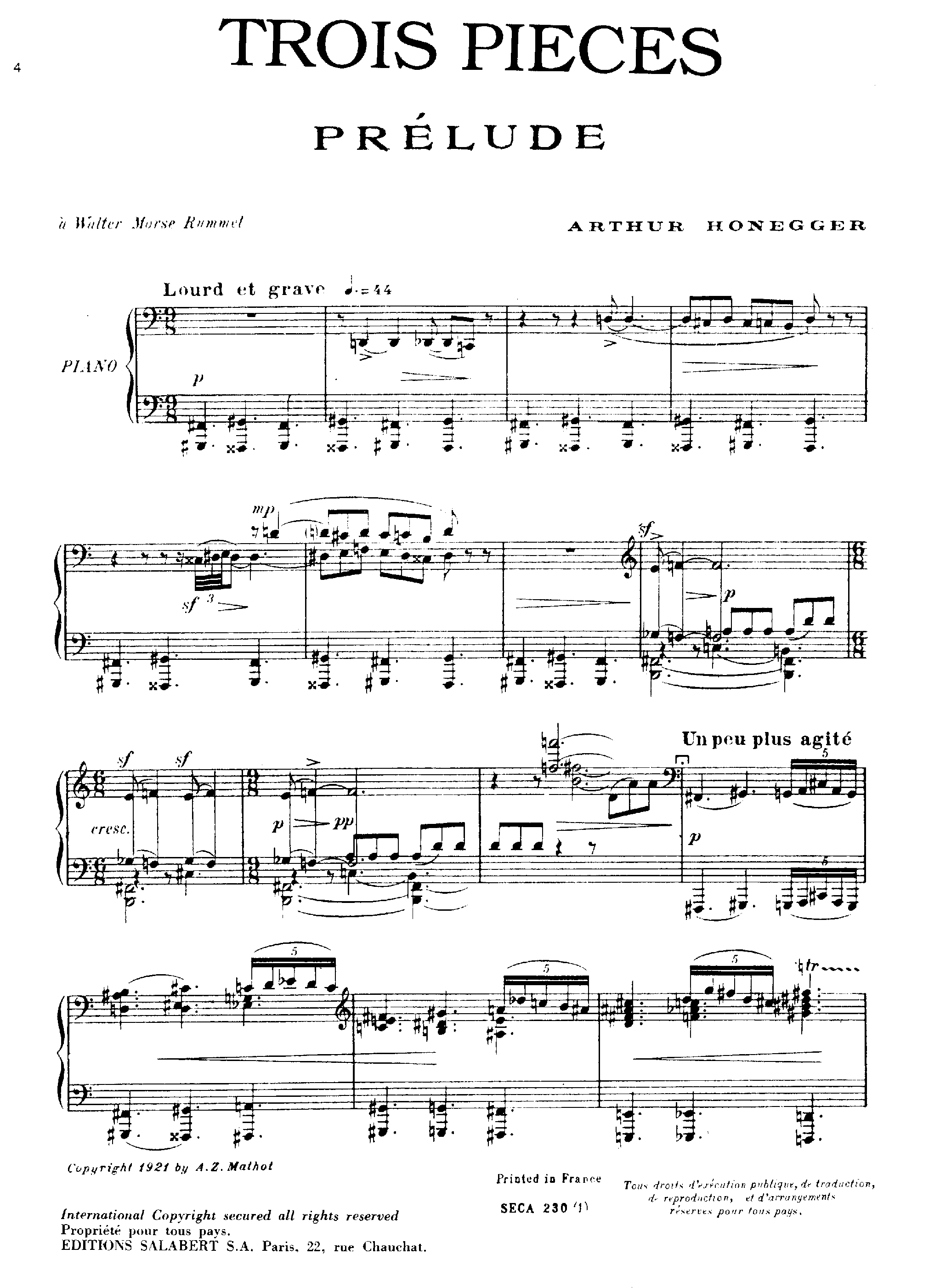 3 Pieces, H.23 by Arthur Honegger Sheet Music arranged by 8notes.com for Piano - 1 of 10 pages