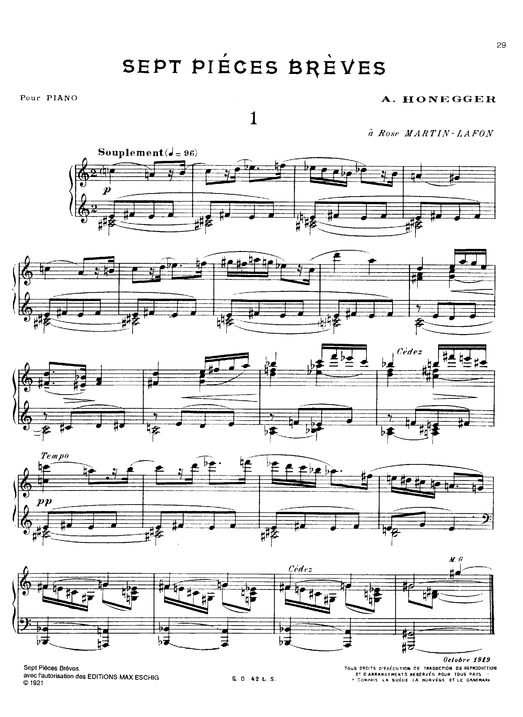 7 Pieces breves, H.25 by Arthur Honegger Sheet Music arranged by 8notes.com for Piano - 1 of 8 pages
