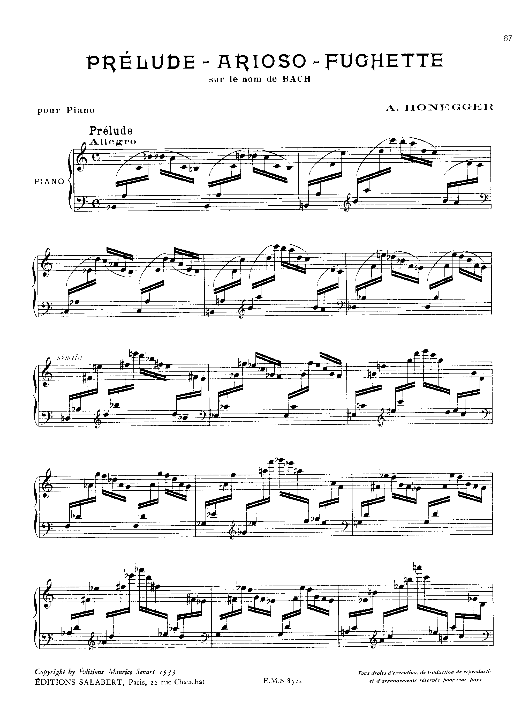 Prelude, arioso et fughette sur le nom de BACH, H.81 by Arthur Honegger Sheet Music arranged by 8notes.com for Piano - 1 of 7 pages