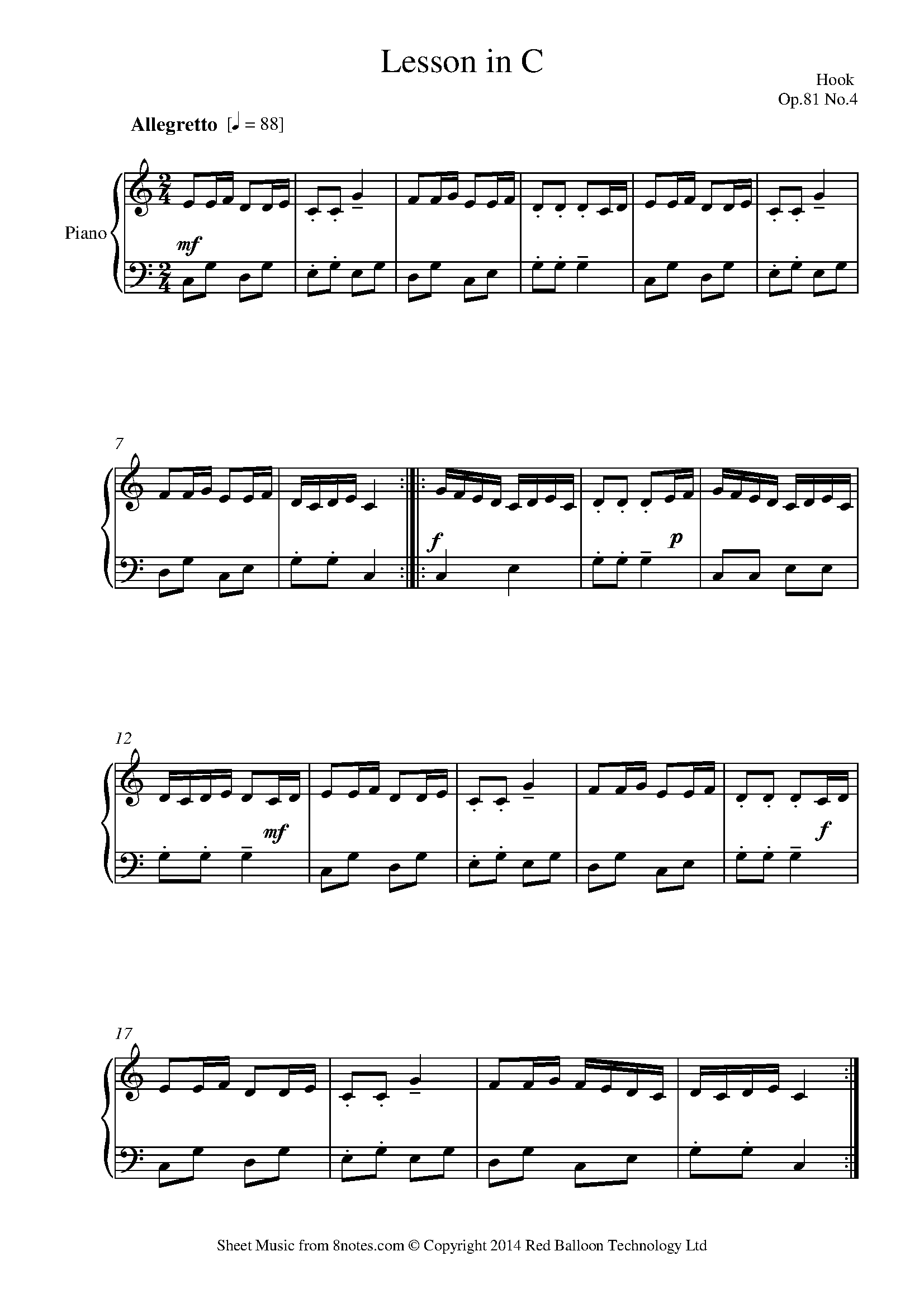 Hook Lesson in C Op.81 No.4 Sheet music for Piano