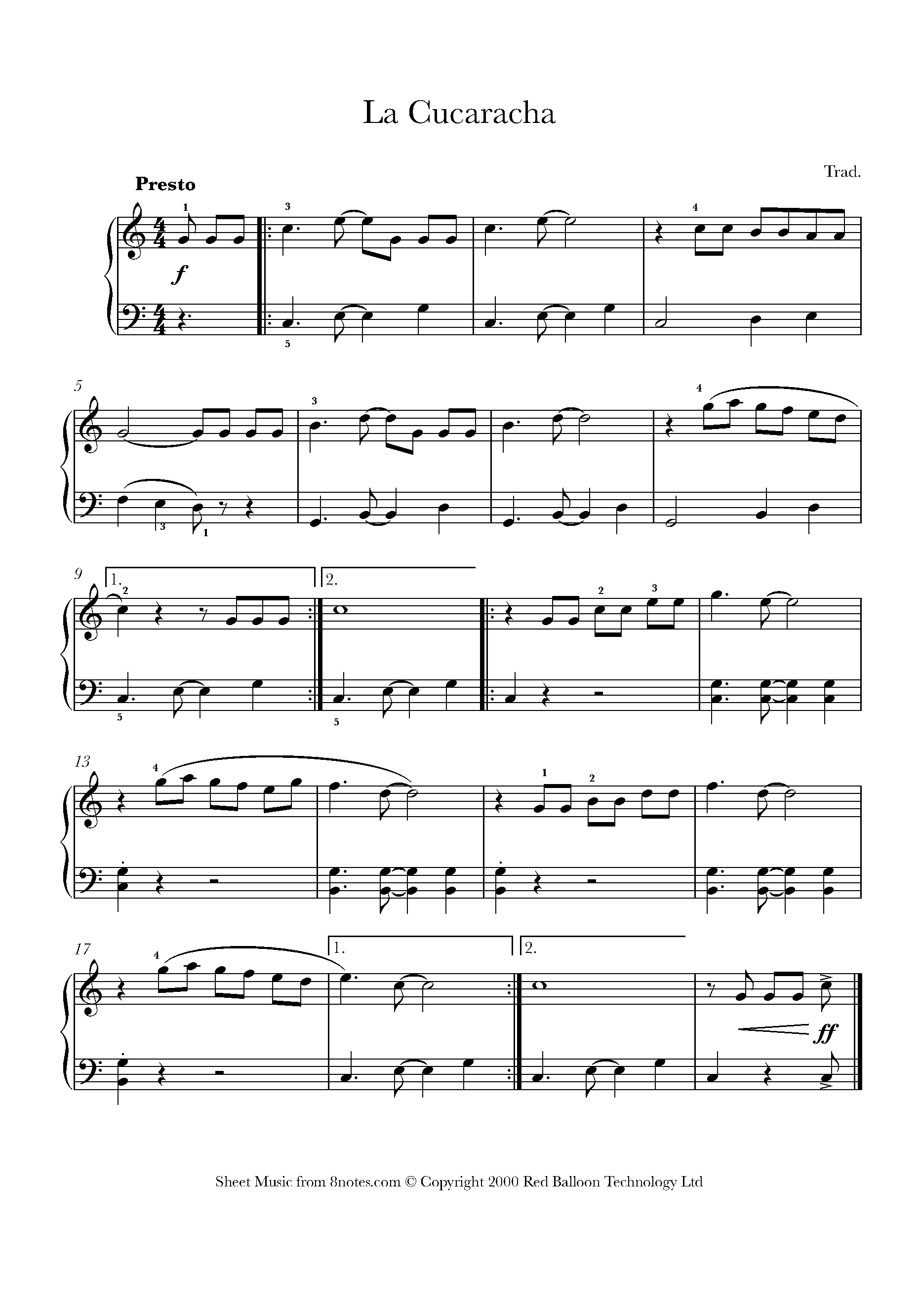 La Cucaracha Mexico Sheet Music For Piano 8notes Com