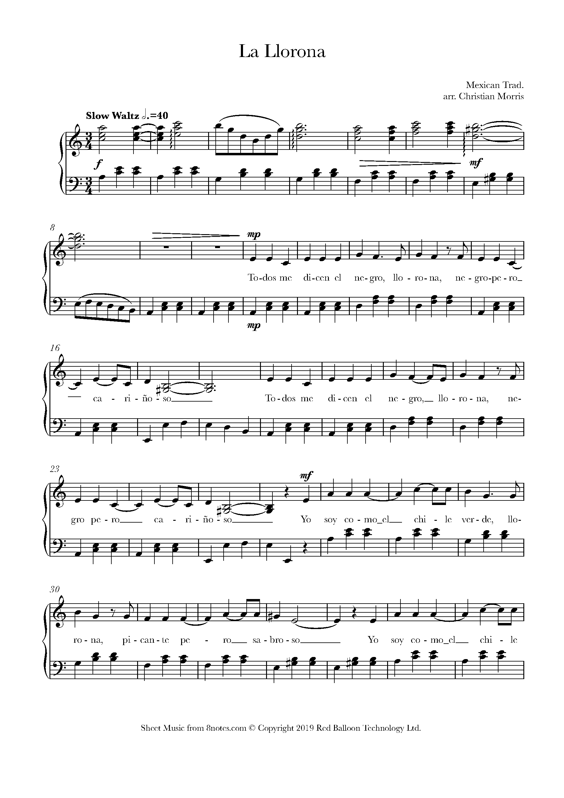 La Llorona Mexican Traditional Song Sheet Music For Piano 8notes Com - american anthem roblox piano