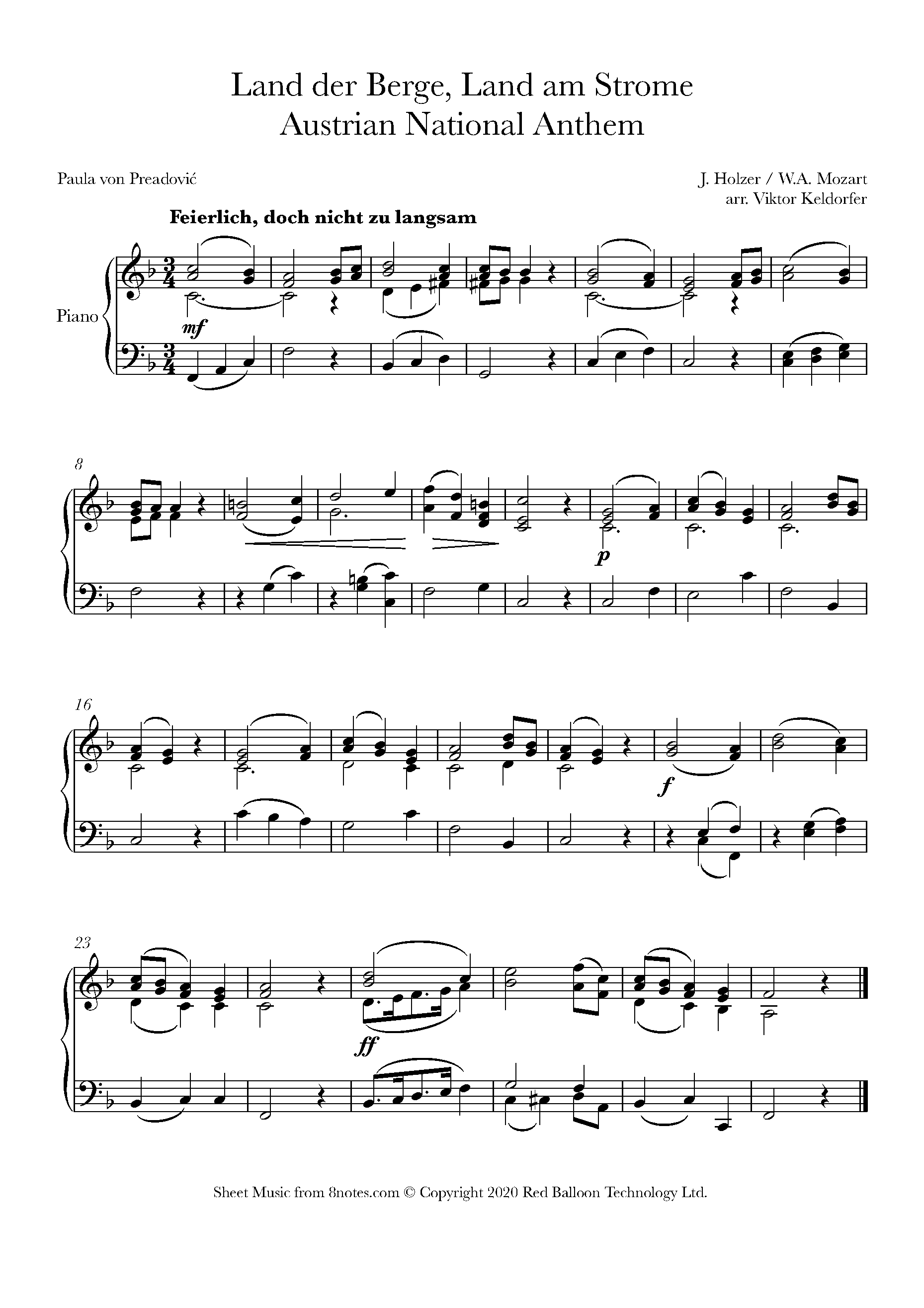 Wolfgang Amadeus Mozart Land Der Berge Land Am Strome Austrian National Anthem Sheet Music For Piano 8notes Com