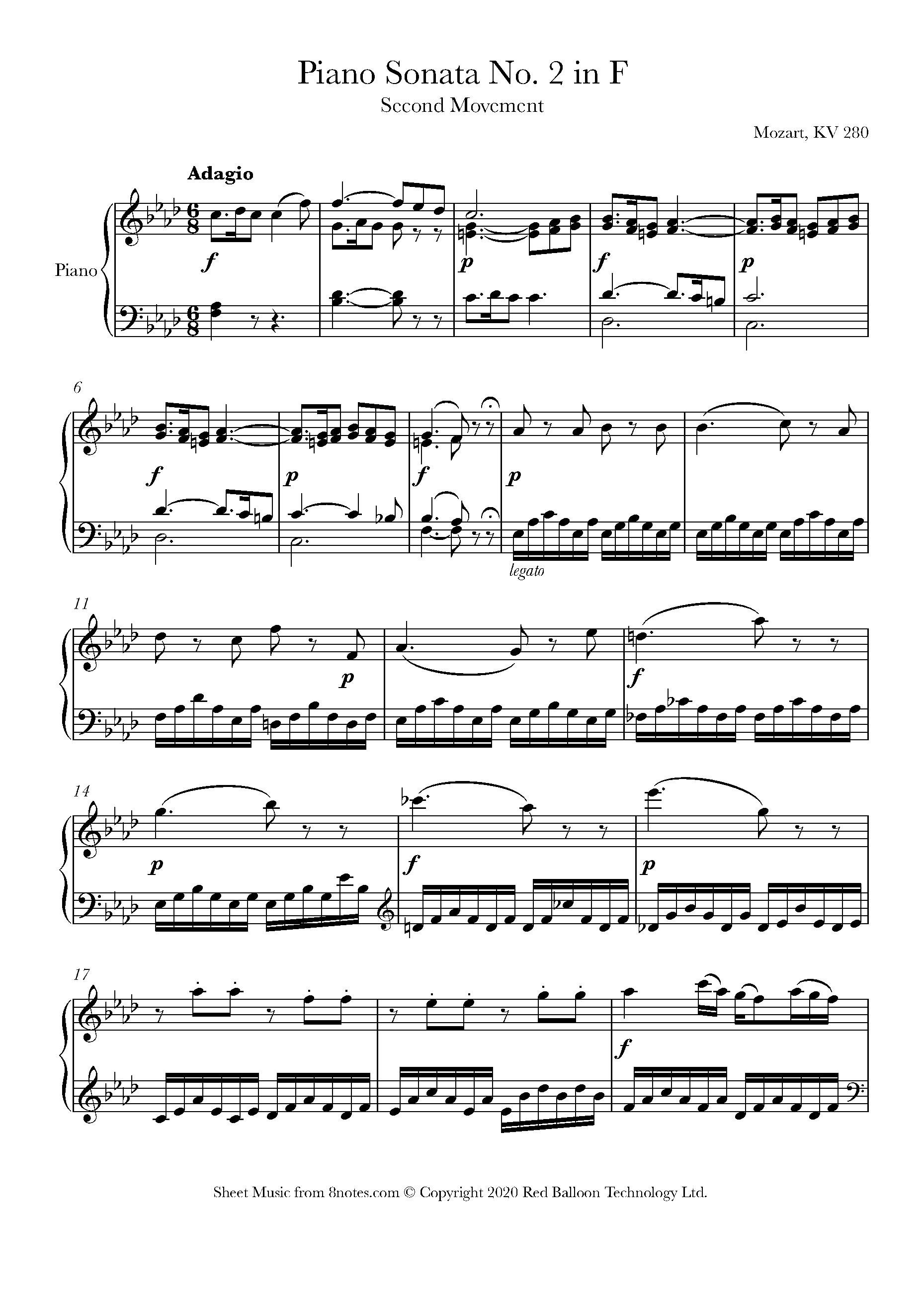 Mozart Sonata in F K280 2nd mvt Sheet music for Piano