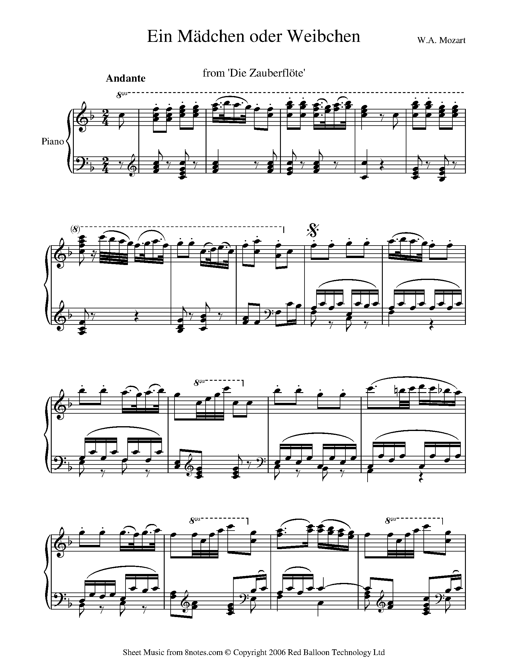 Mozart Ein Madchen Oder Weibchen From Die Zauberflote Sheet Music For Piano 8notes Com
