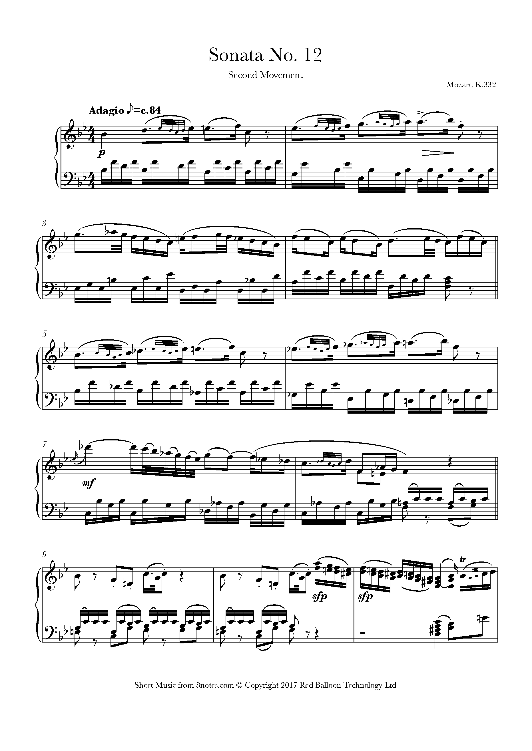 Mozart Sonata K.322 No. 12 Adagio 2nd Mvt Sheet music for Piano