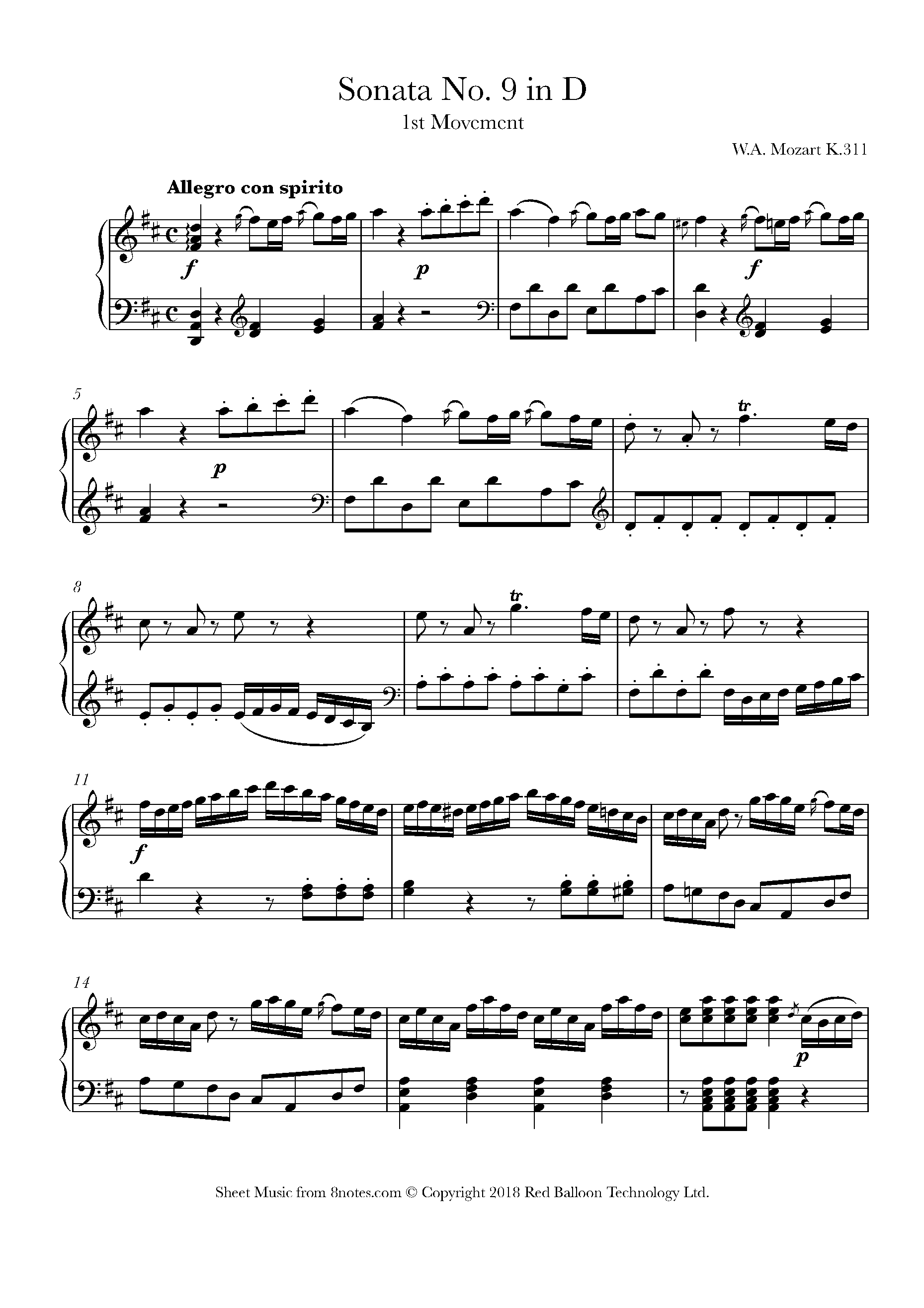 Mozart Sonata No. 9 in D Major, K.311 First Movement Sheet music for