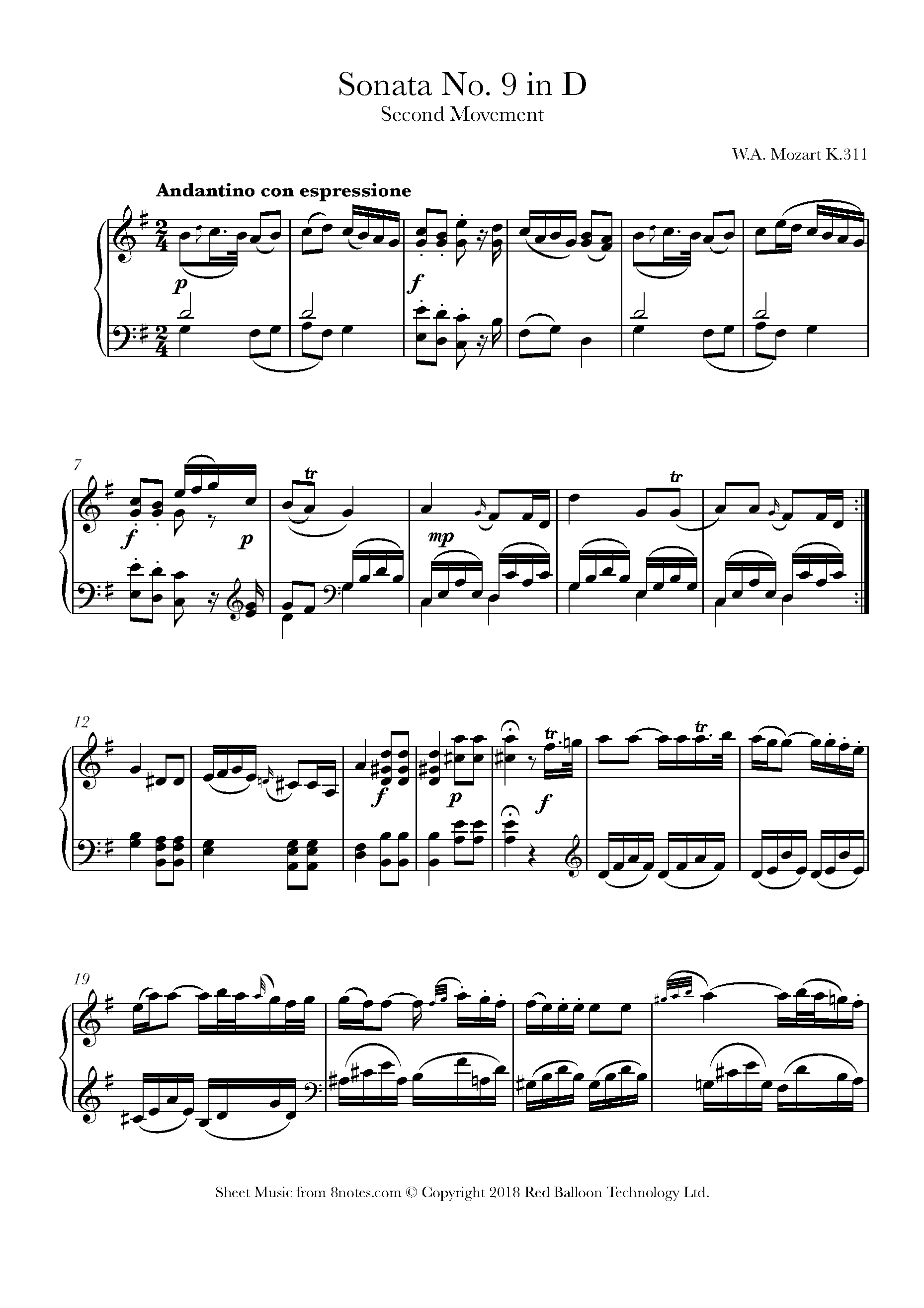 Mozart Sonata No. 9 in D Major, K.311 Second Movement Sheet music for