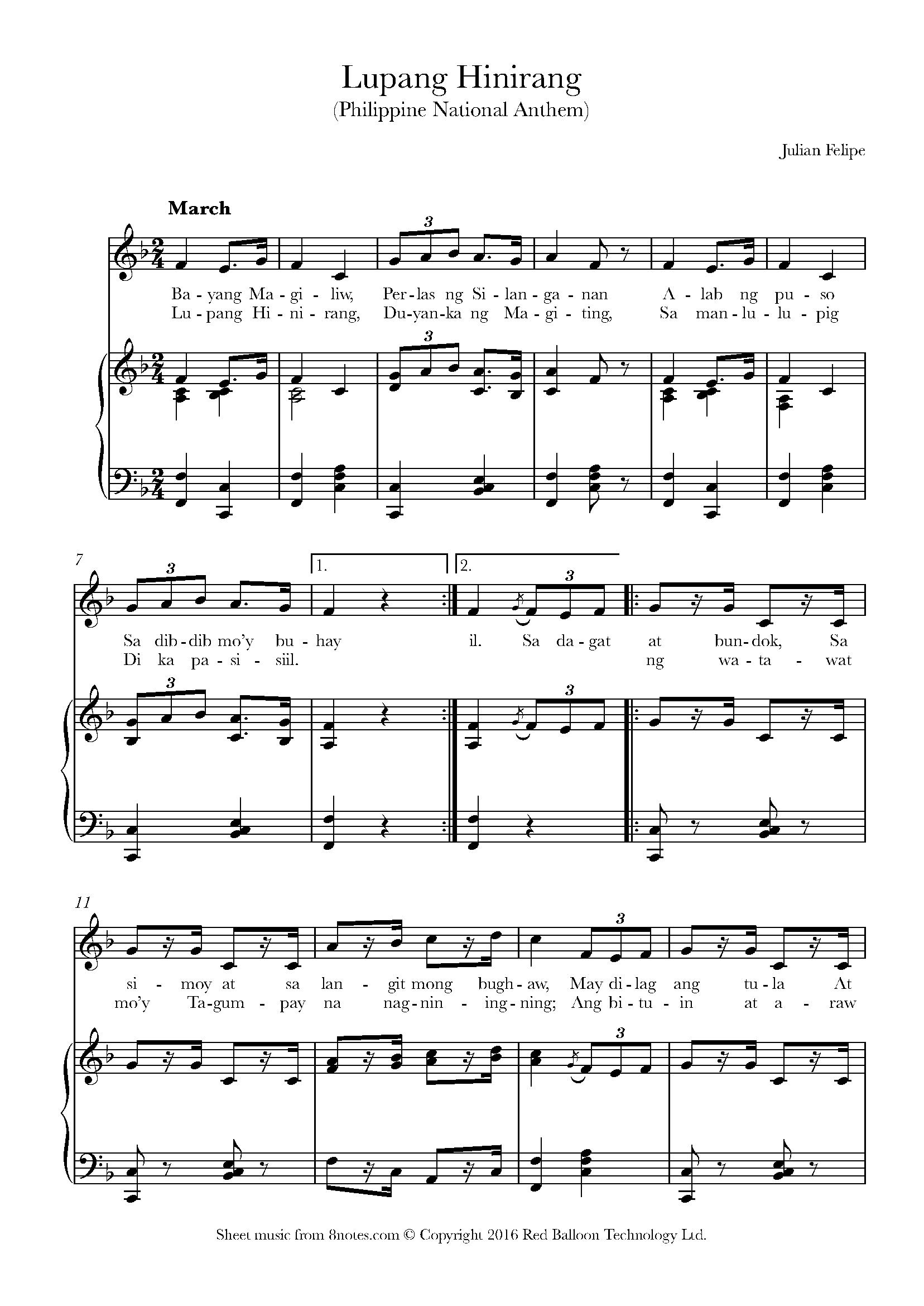 Philippine National Anthem Lupang Hinirang Sheet Music For Piano 8notes Com
