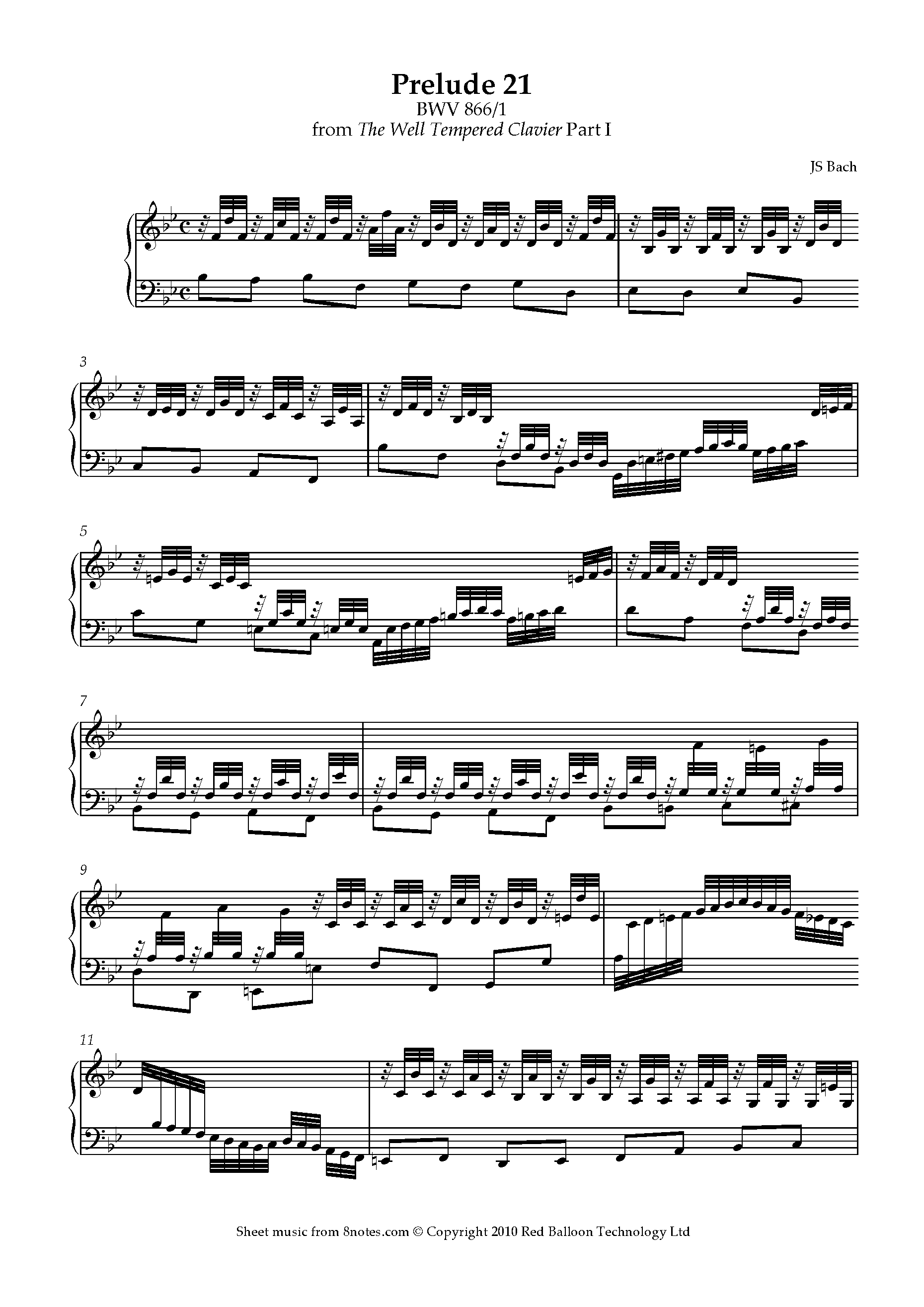 Bach - Prelude 21 BWV 866 from The Well Tempered Clavier Sheet music