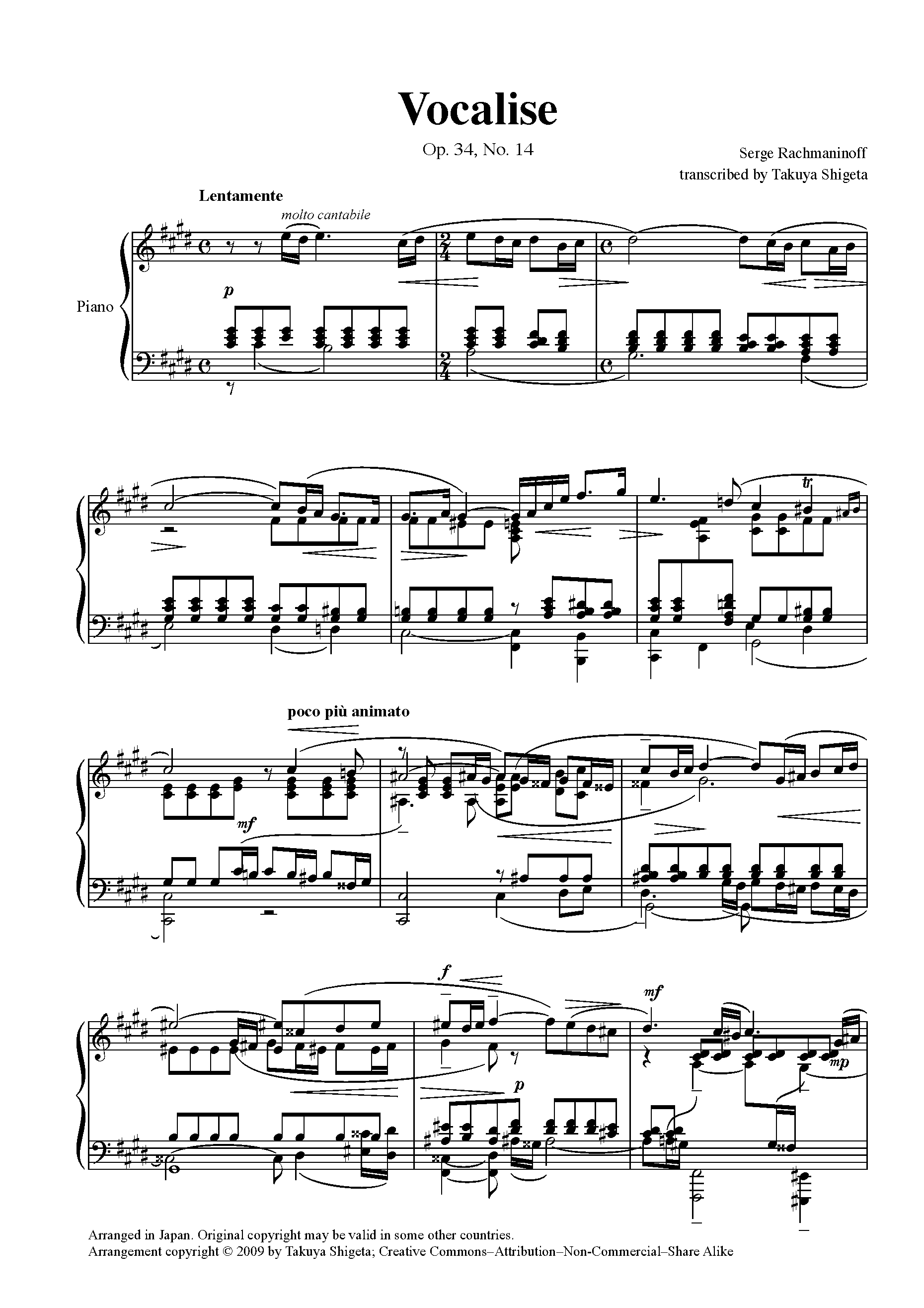 Vocalise, Op.34, No.14 by Sergei Rachmaninoff Sheet Music arranged by 8notes.com for Piano - 1 of 4 pages