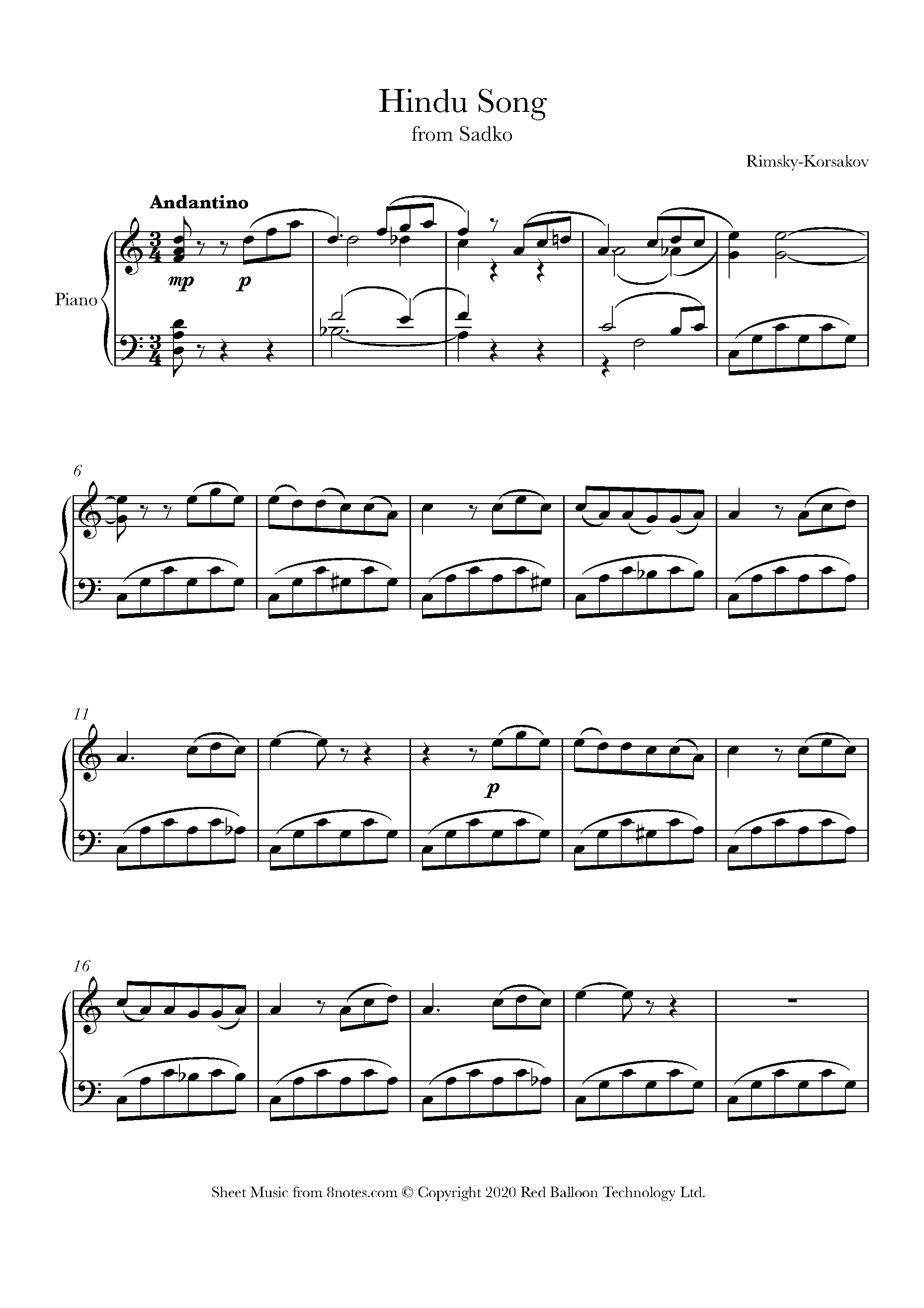 RimskyKorsakov Hindu Song from Sadko Sheet music for Piano
