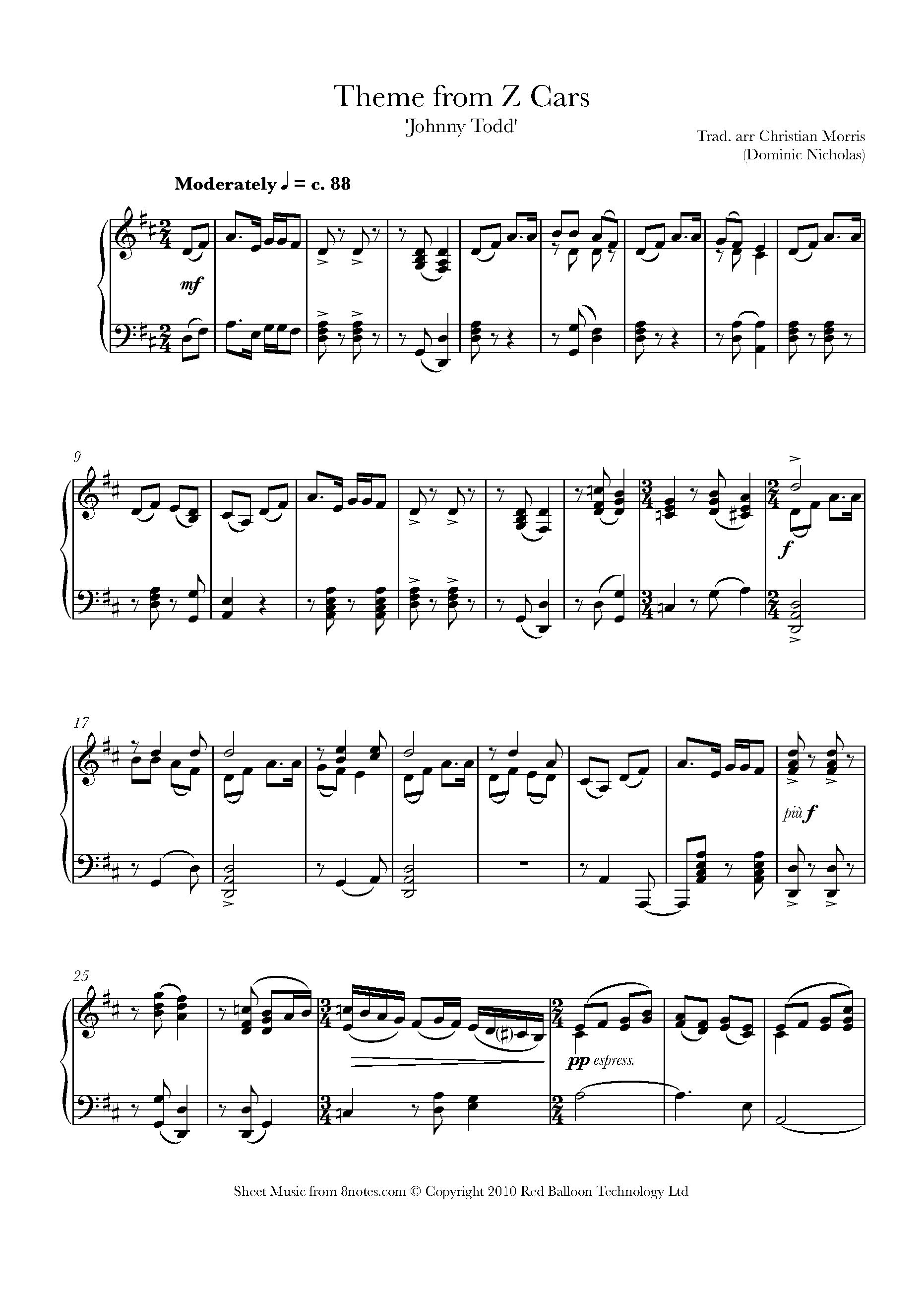 Theme from Z Cars (Johnny Todd) Sheet music for Piano