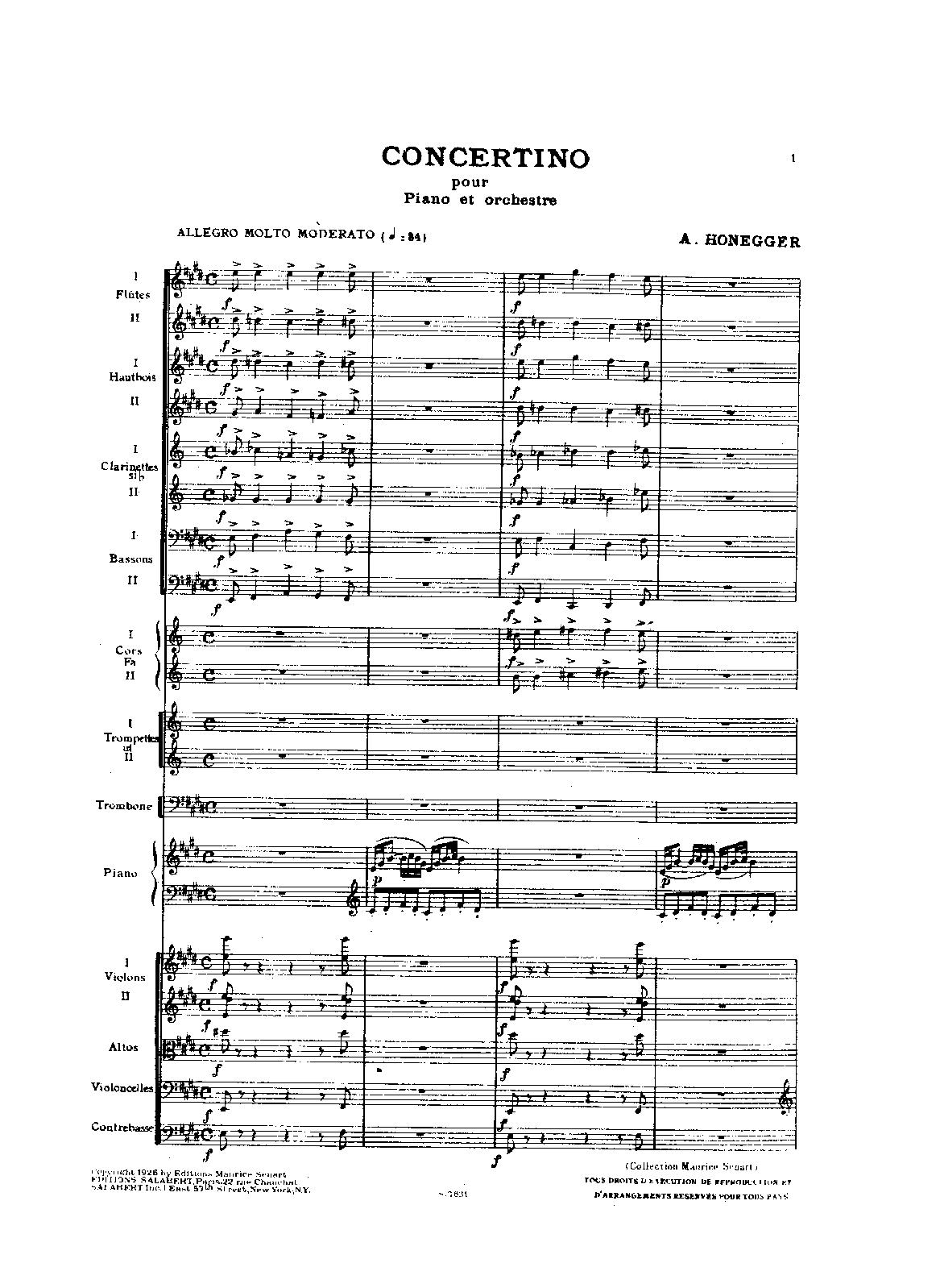 Concertino for Piano and Orchestra, H.55 by Arthur Honegger Sheet Music arranged by 8notes.com for Piano and Ensemble - 1 of 46 pages