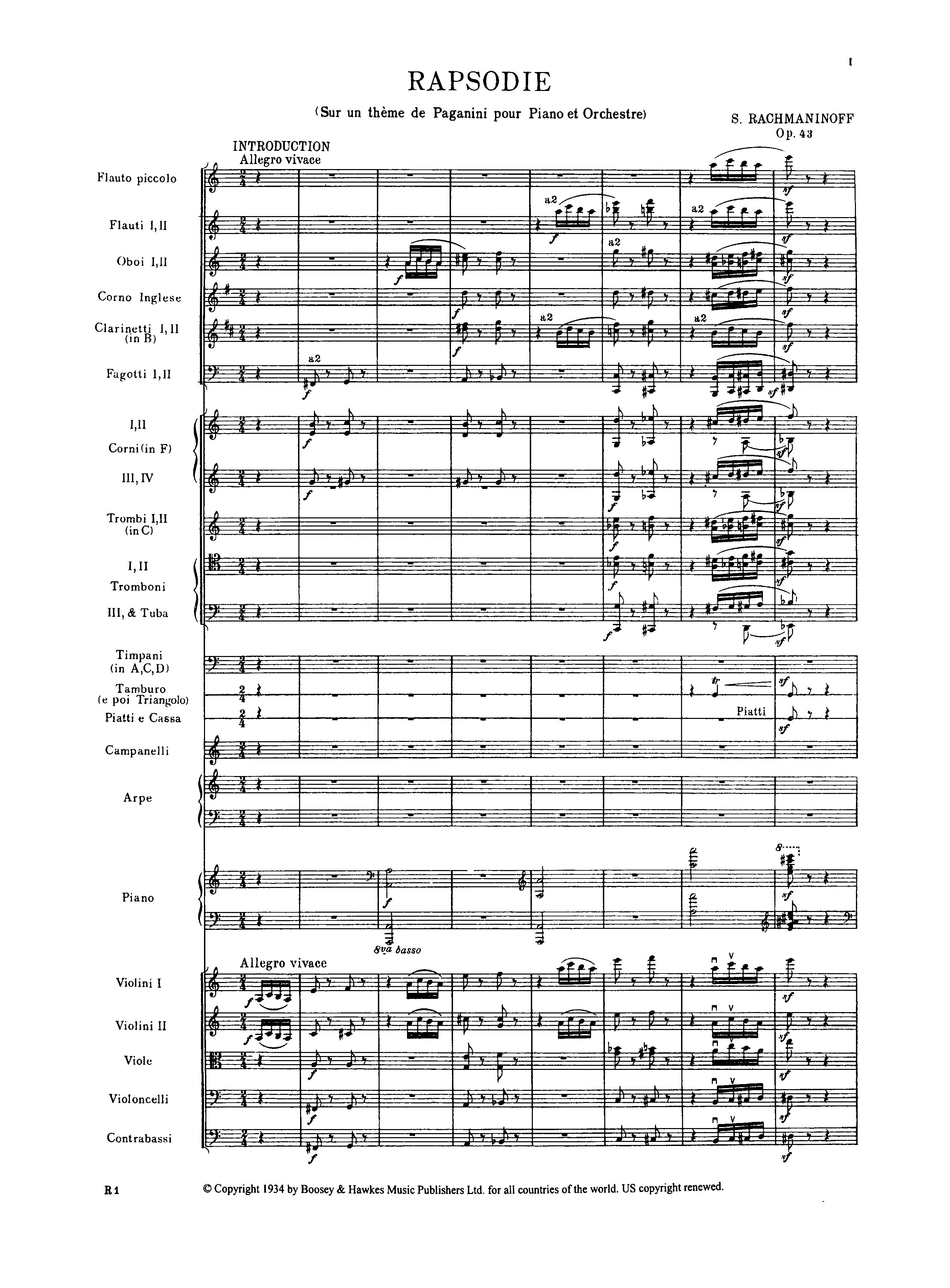 Rhapsody on a Theme of Paganini, Op.43 by Sergei Rachmaninoff Sheet Music arranged by 8notes.com for Piano and Ensemble - 1 of 119 pages