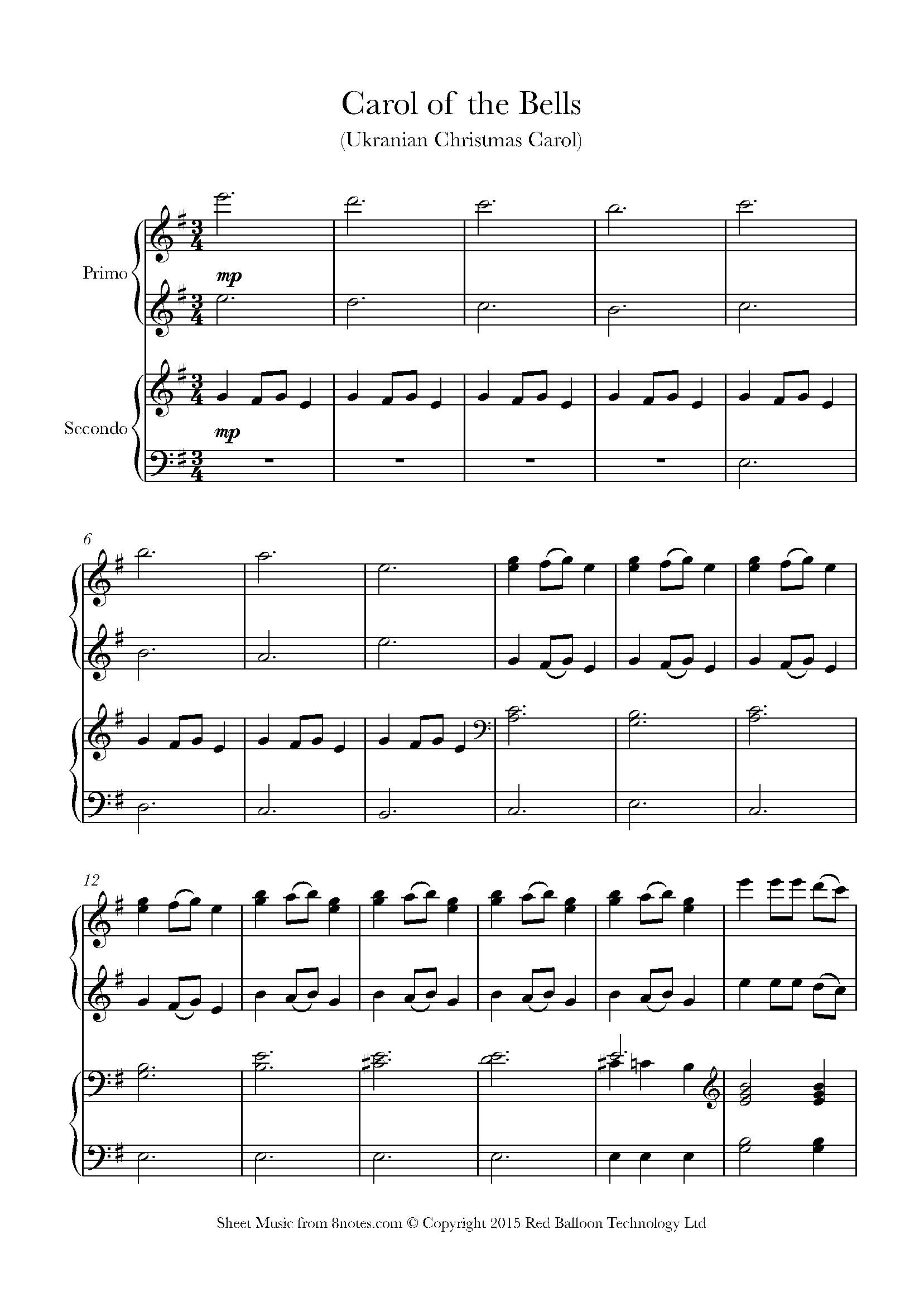 Carol of the Bells Sheet music for Piano Duet - 8notes.com