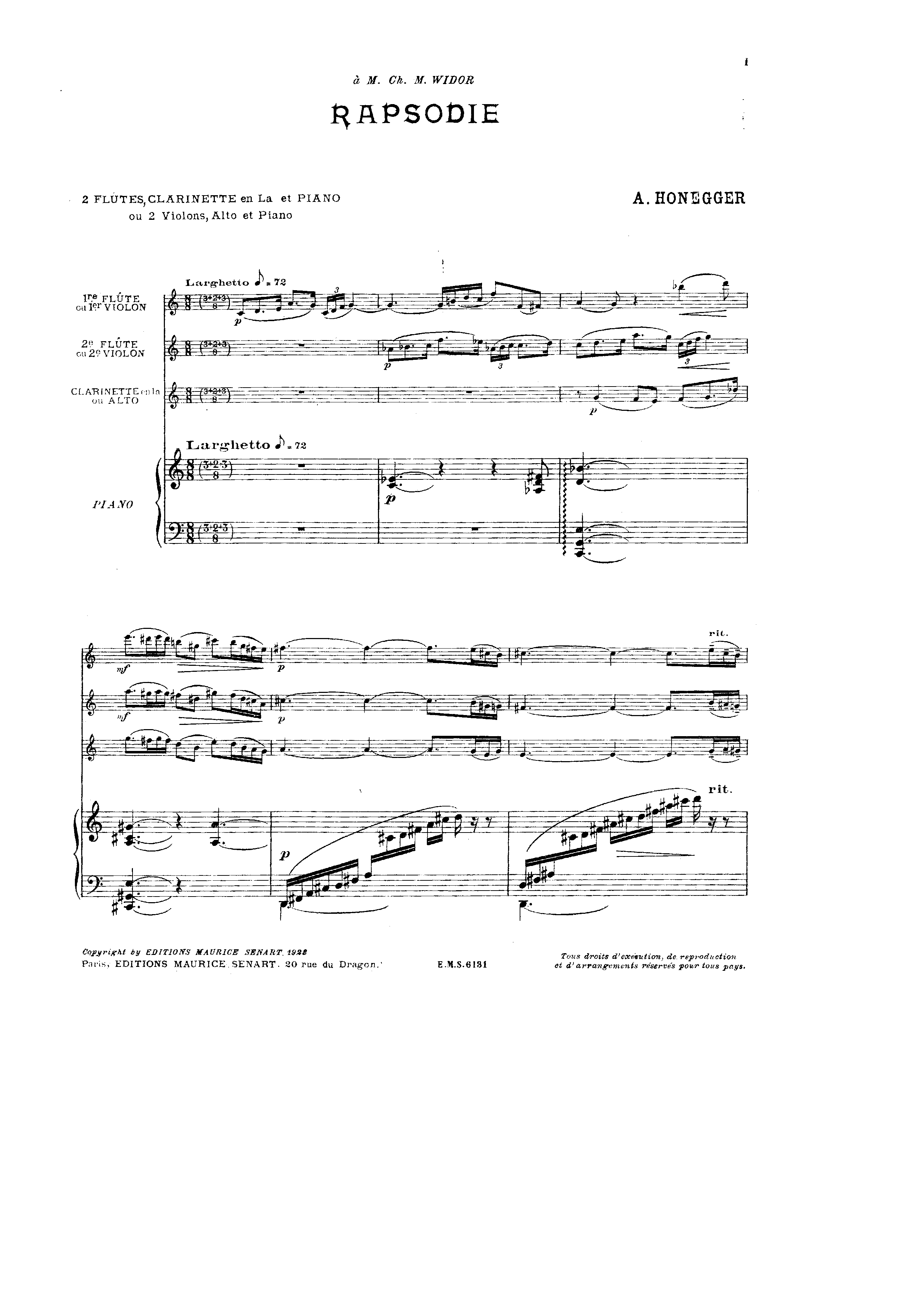 Rapsodie, H.13 by Arthur Honegger Sheet Music arranged by 8notes.com for Piano Quartet - 1 of 13 pages